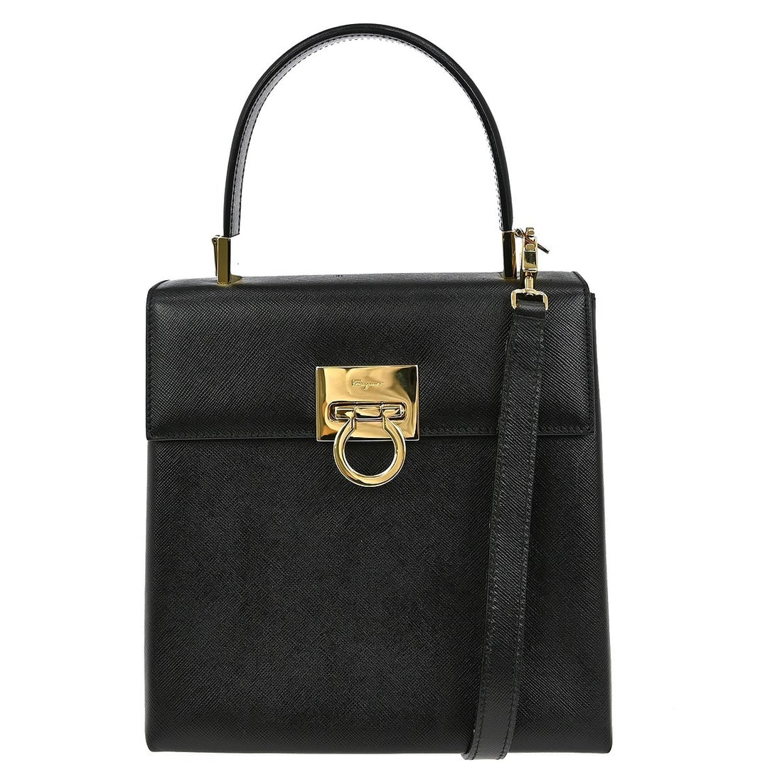 Salvatore Ferragamo Gancini Black Leather Two Way Top Handle Bag: Salvatore Ferragamo Gancini Black Leather Two Way Top Handle Bag This Salvatore Ferragamo Gancini 2-way handbag features a classic black leather exterior with matching black leather handles and strap.