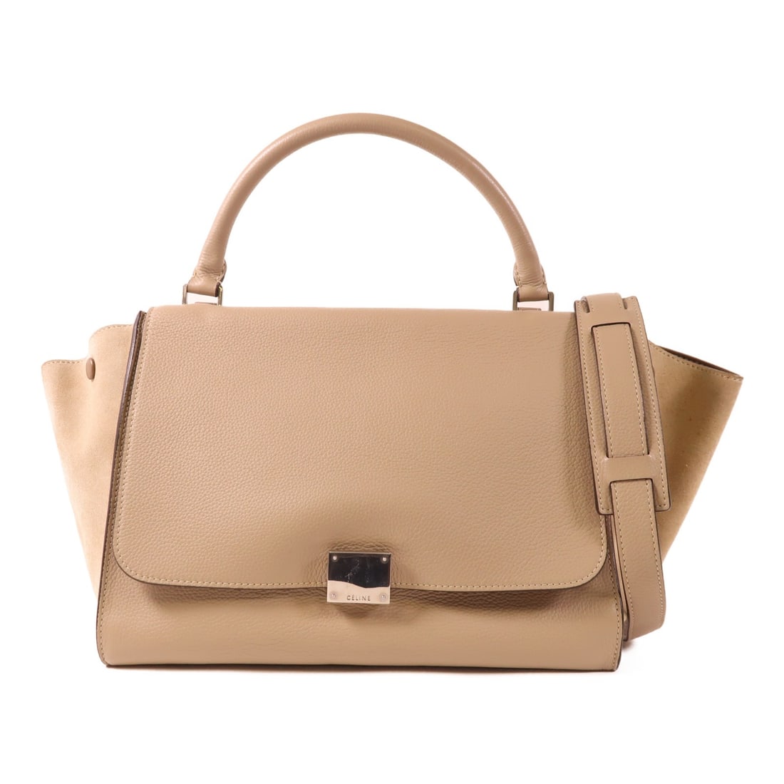 CELINE Trapeze 2 Way Shoulder Bag Gray Calfskin Leather: CELINE Trapeze 2 Way Shoulder Bag Gray Calfskin Leather Introducing the CELINE Trapeze 2 Way Shoulder Bag, a stunning accessory crafted from luxurious calfskin leather in a sophisticated gray hue. Thi