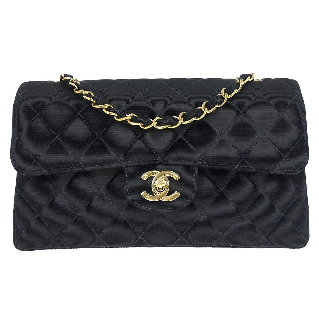 Small Chanel Classic Double Flap Black Cotton Shoulder Bag: Small Chanel Classic Double Flap Black Cotton Shoulder Bag This Chanel Classic Double Flap Shoulder Bag features a black matelasse cotton exterior with a flap turnlock closure and lock logo accent. Th