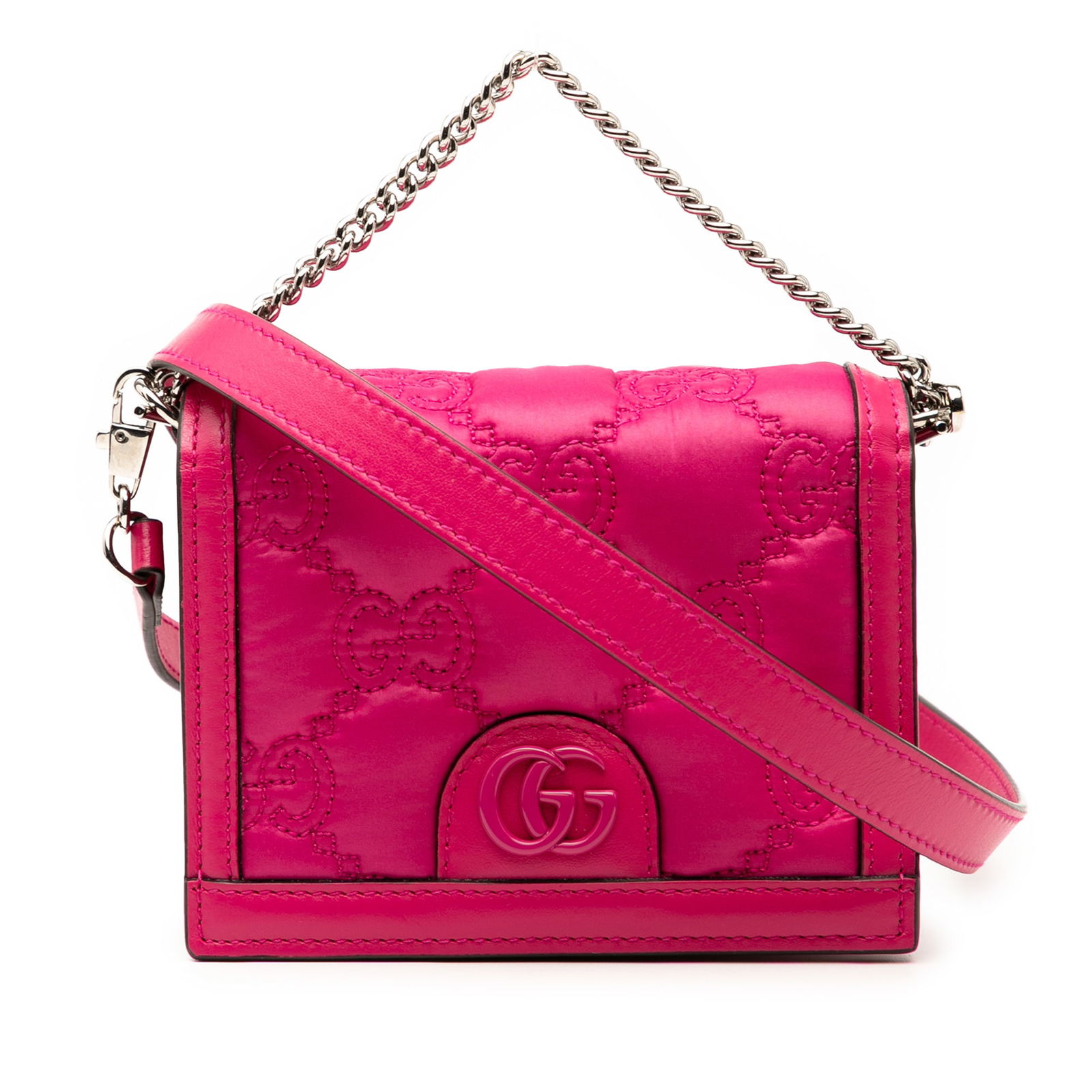 Gucci Mini GG Pink Leather Satchel with Chain Handle: Gucci Mini GG Pink Leather Satchel with Chain Handle Elevate your accessory collection with this Gucci Mini GG Embossed Leather Satchel, a chic and stylish bag crafted from high-quality leather. The s