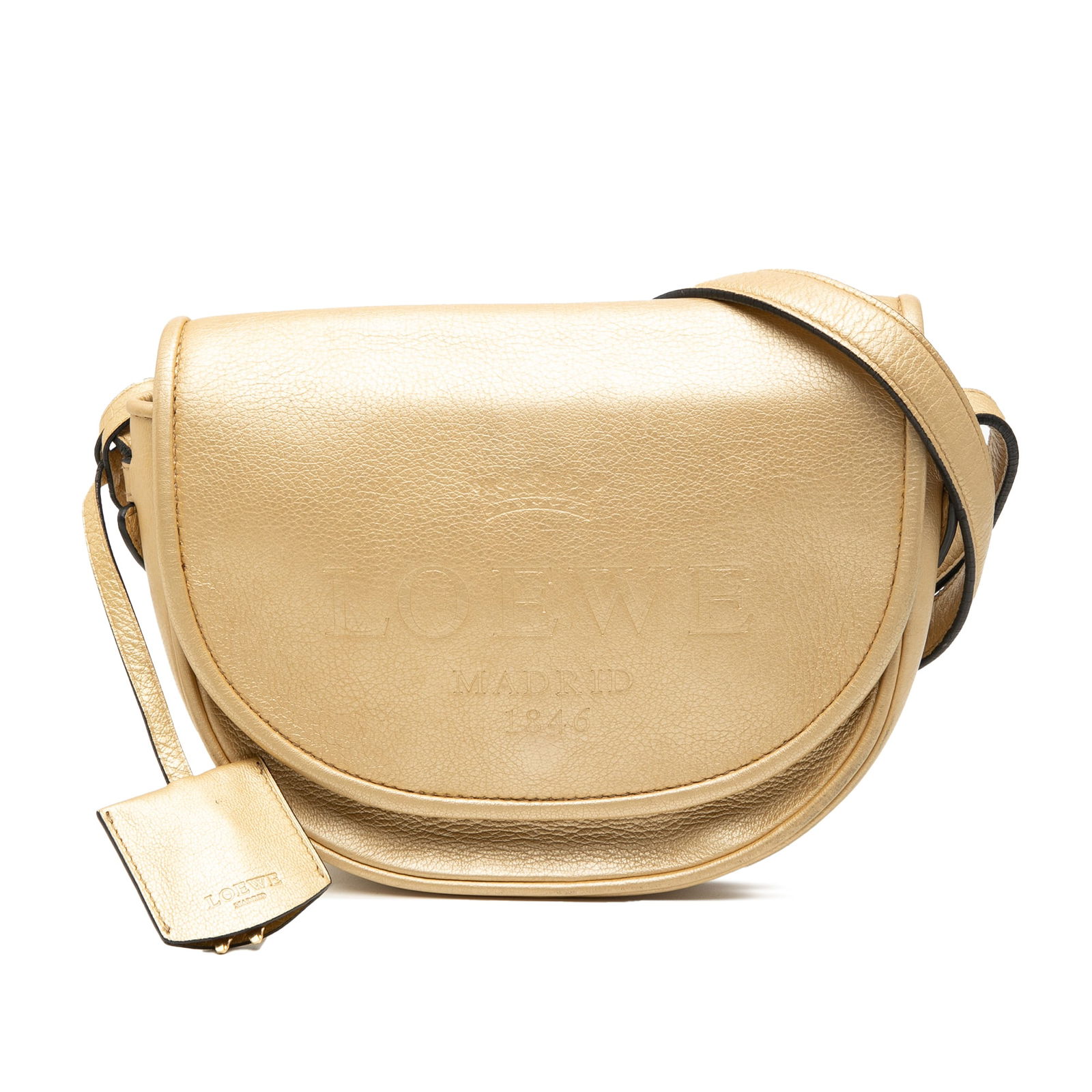 Loewe Heritage Gold Leather Crossbody Bag with Adjustable Strap: Loewe Heritage Gold Leather Crossbody Bag with Adjustable Strap This LOEWE Leather Heritage Crossbody features a gold leather body with an adjustable flat leather strap, a front flap secured by a magn