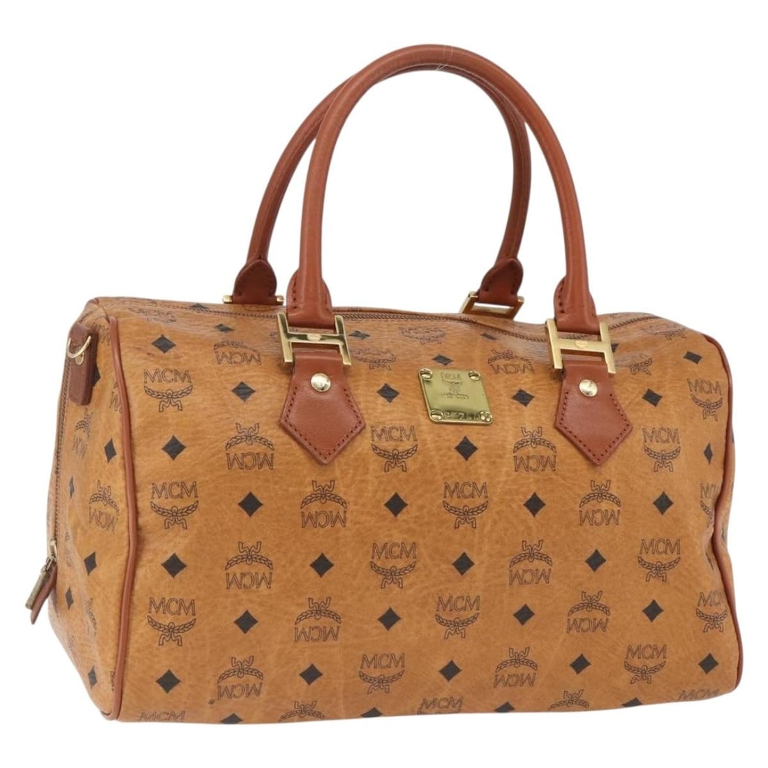 Boston Bag in Brown PVC Leather by MCM Vicetos Logogram: Boston Bag in Brown PVC Leather by MCM Vicetos Logogram This is an authentic MCM Boston bag crafted from brown and gold PVC leather, featuring the signature Vicetos logogram design. The bag offers a s