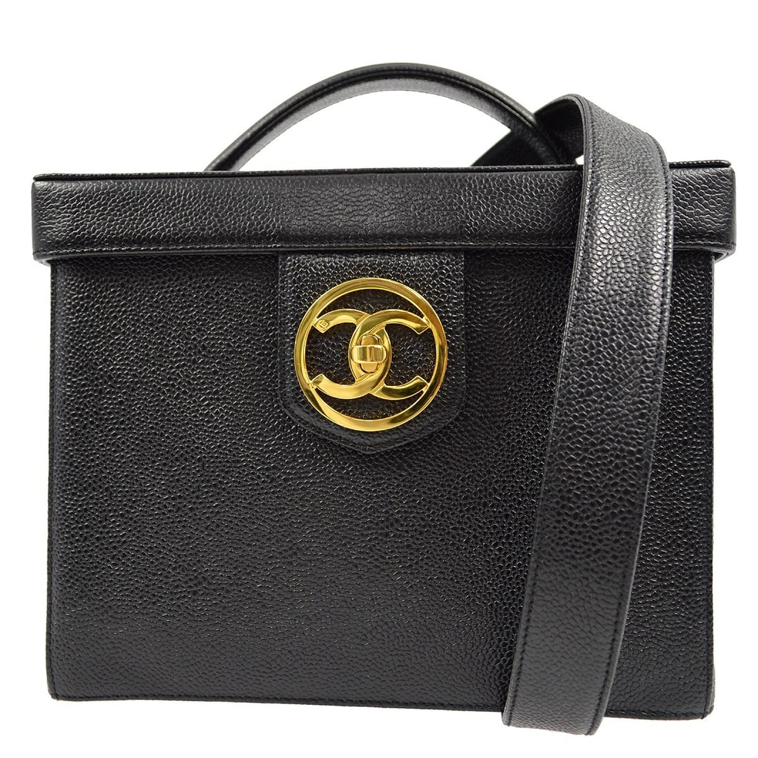 Chanel Black Caviar Leather 2way Vanity Handbag with Detachable Chain Strap: Chanel Black Caviar Leather 2way Vanity Handbag with Detachable Chain Strap This exquisite Chanel Black Calfskin 2way Vanity Handbag is perfect for casual outings and adds a touch of elegance to any o