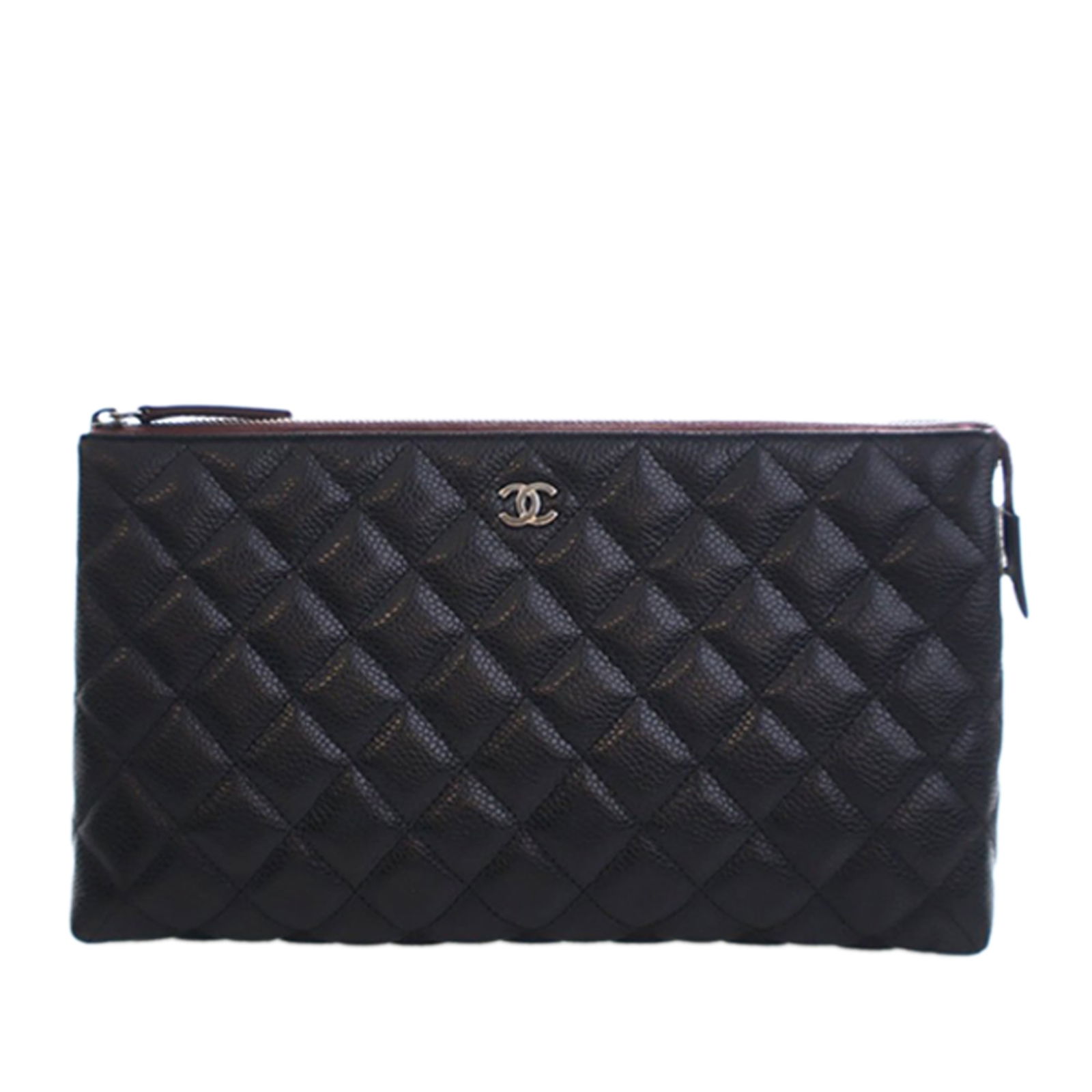 Black Caviar Leather Chanel CC Quilted Toiletry Pouch with Zipper: Black Caviar Leather Chanel CC Quilted Toiletry Pouch with Zipper This Chanel CC Quilted Caviar Toiletry Pouch is crafted from caviar leather in black and features a quilted design with a top zip clos