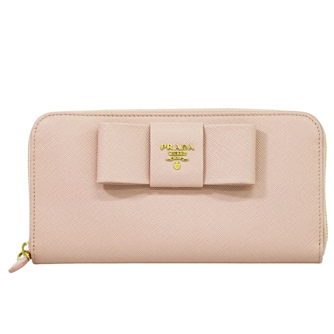Prada Pink Saffiano Leather Bow Zip Wallet for Women: Prada Pink Saffiano Leather Bow Zip Wallet for Women This Prada Bow Zip Around Wallet is crafted from pink saffiano leather, designed for women. It features a zip-around closure and showcases Prada's