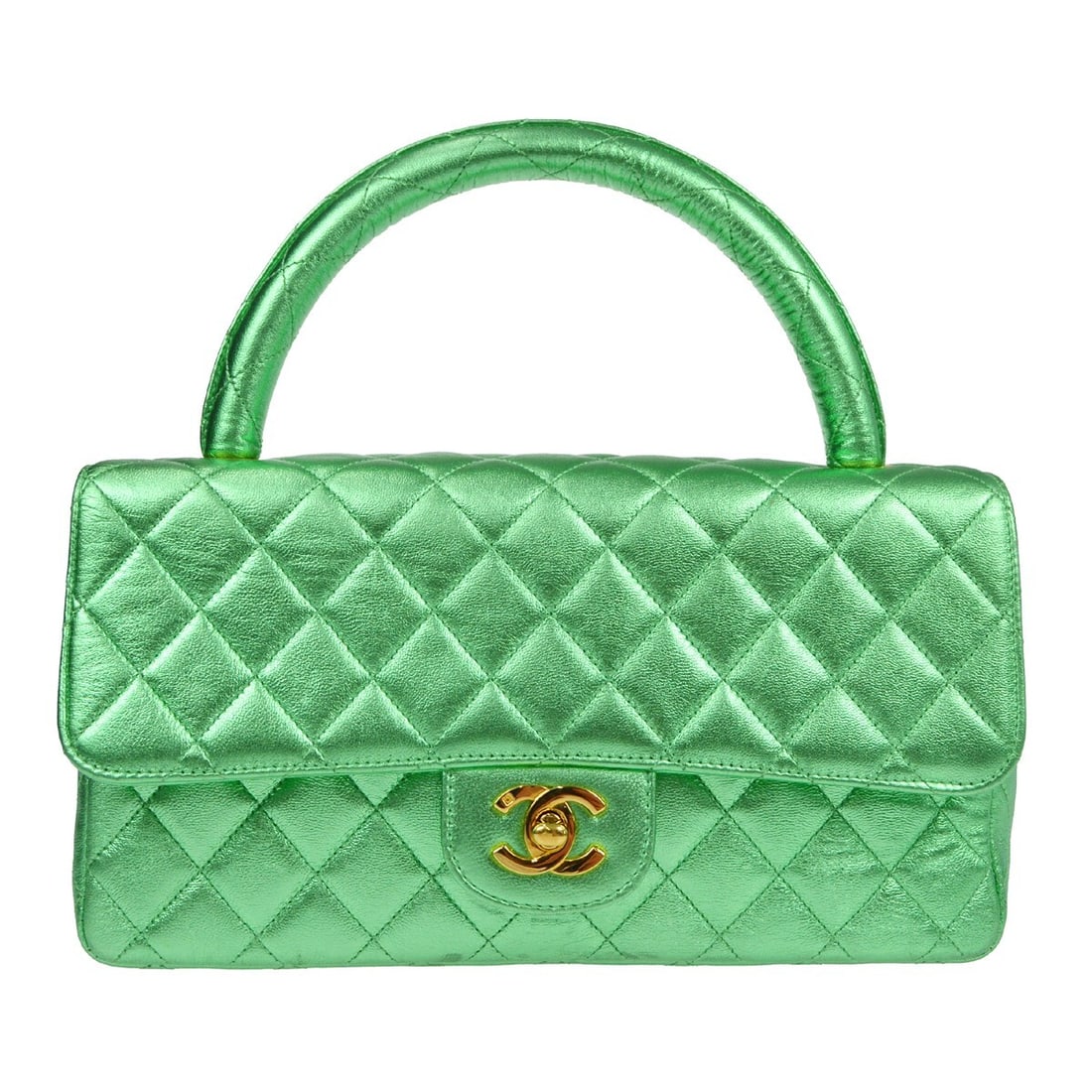 Chanel Metallic Green Lambskin Top Handle Satchel Handbag: Chanel Metallic Green Lambskin Top Handle Satchel Handbag This Chanel Metallic Green Lambskin Top Handle Handbag is a stylish accessory perfect for casual occasions. Crafted from luxurious lambskin le