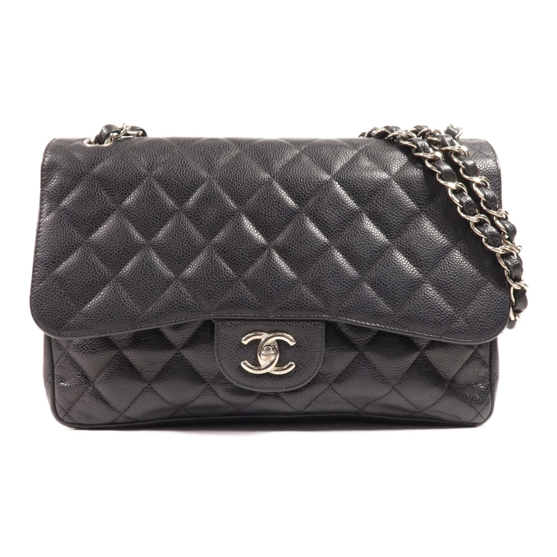 CHANEL Large Classic Black Calfskin Shoulder Bag with Silver Hardware: CHANEL Large Classic Black Calfskin Shoulder Bag with Silver Hardware This CHANEL Large Classic Chain Shoulder Bag is crafted from luxurious black calfskin leather, showcasing the iconic CC logo. With