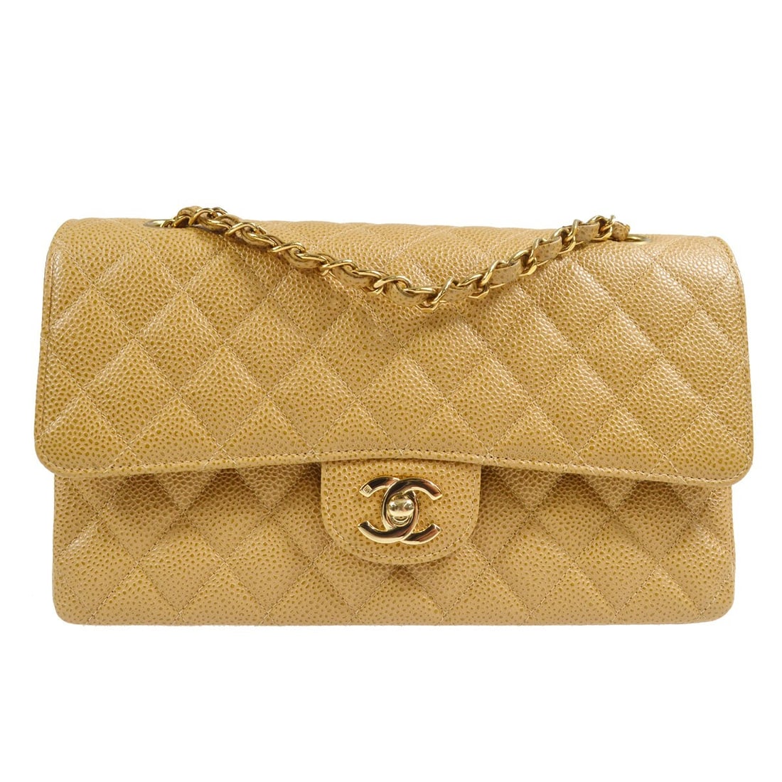 Chanel Beige Caviar Medium Classic Double Flap Shoulder Bag: Chanel Beige Caviar Medium Classic Double Flap Shoulder Bag Introducing the Chanel Medium Classic Double Flap Bag in luxurious beige caviar skin, a timeless piece that effortlessly combines elegance a