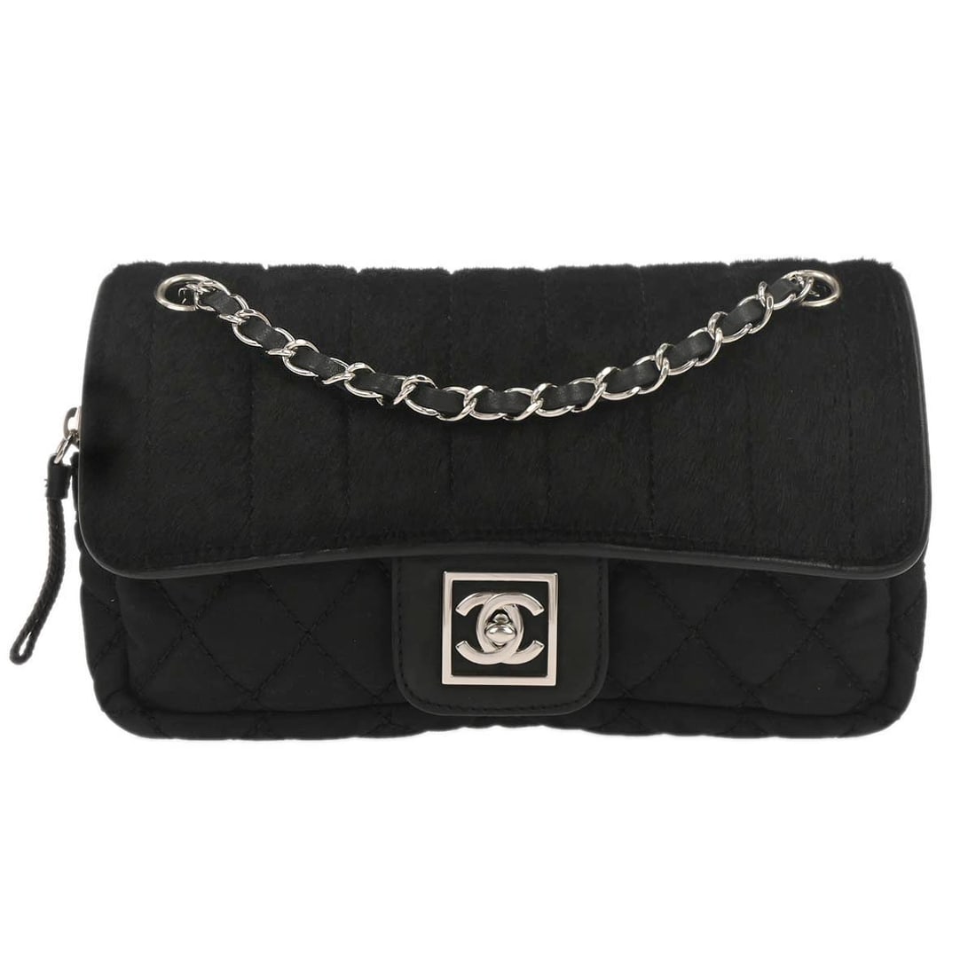 Chanel Sport Line Black Canvas Pony Hair Medium Flap Shoulder Bag: Chanel Sport Line Black Canvas Pony Hair Medium Flap Shoulder Bag This Chanel Sport Line flap shoulder bag features a black pony hair and canvas exterior with a turn lock closure. The medium-sized bag