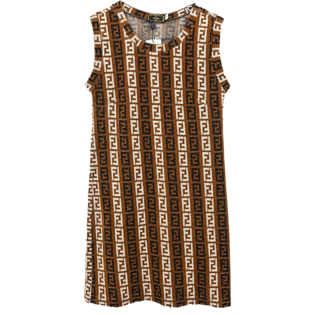 Fendi Brown Sleeveless Pencil Dress D-OS-9300DW #42 Italy: Fendi Brown Sleeveless Pencil Dress D-OS-9300DW #42 Italy Elevate your wardrobe with this stunning Fendi sleeveless pencil dress, designed in a chic brown, black, and white color palette. This stylish