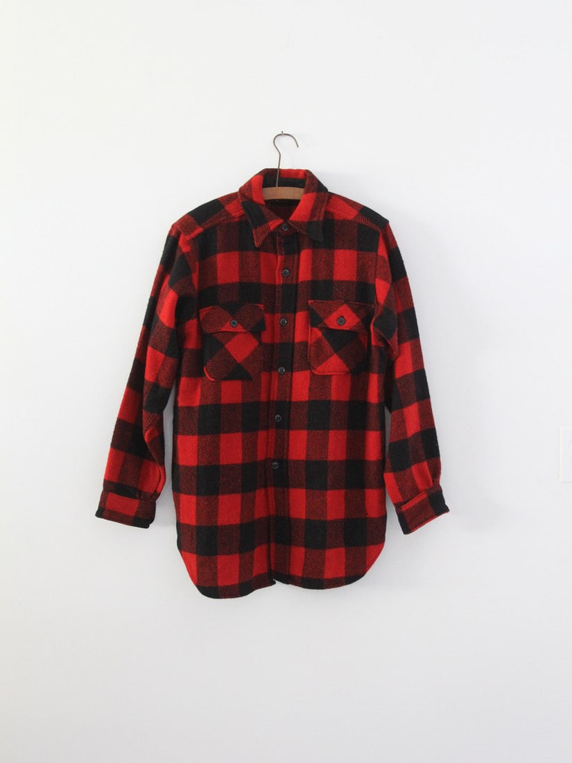 1950s Uncle Sam Vintage Wool Shirt Coat Red Black Plaid: 1950s Uncle Sam Vintage Wool Shirt Coat Red Black Plaid Discover a classic piece of fashion history with this 1950s vintage plaid shirt coat by Uncle Sam. Crafted from thick all wool, this shirt coat