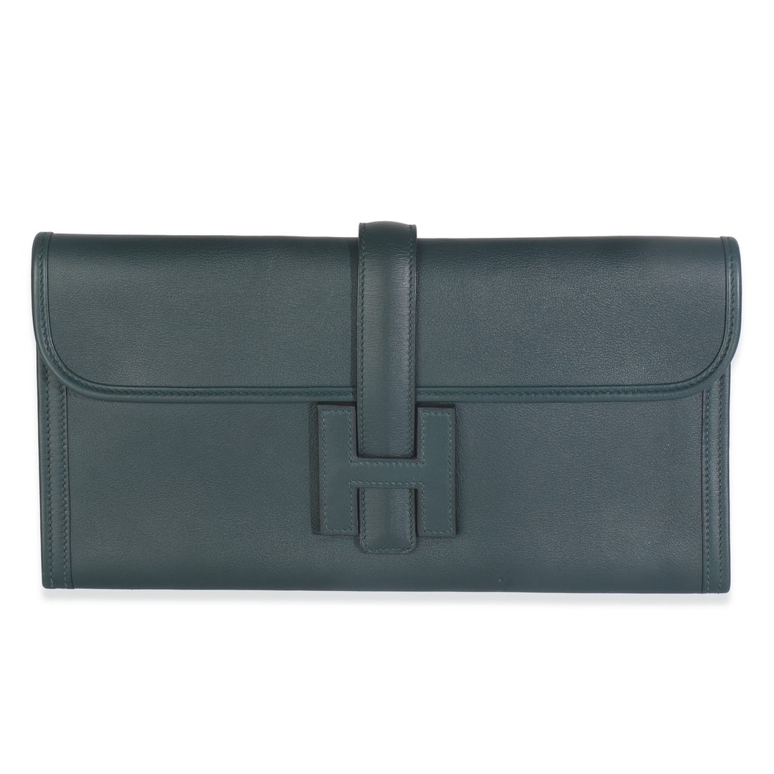 Jige Elan 29 Green Leather Clutch With Dustbag From Hermes: Jige Elan 29 Green Leather Clutch With Dustbag From Hermes This Hermes Jige Elan 29 clutch features a sleek green leather exterior in Vert Rousseau and matching leather lining. Designed for unisex use
