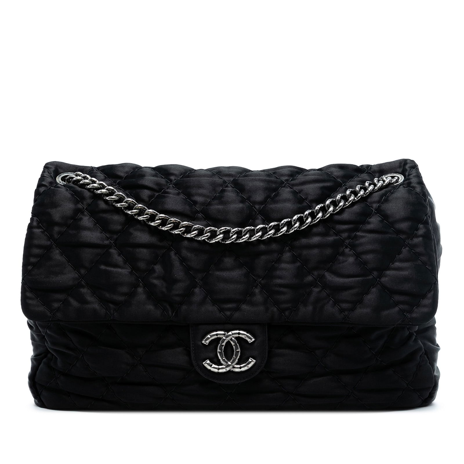 Black Satin Chanel Flap Shoulder Bag with Quilted CC Design (1 of 7)