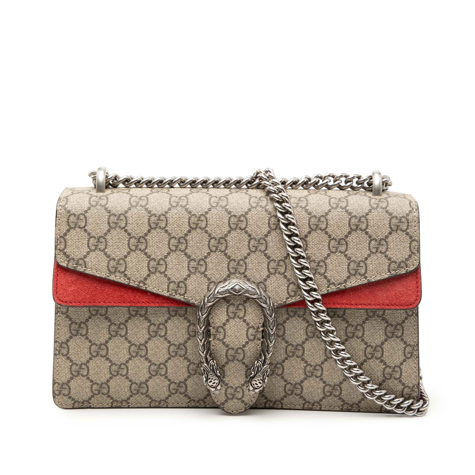 Gucci Dionysus GG Supreme Medium Shoulder Bag with Suede Trim: Gucci Dionysus GG Supreme Medium Shoulder Bag with Suede Trim This Gucci Medium GG Supreme Dionysus Shoulder Bag features a coated canvas body with suede leather trim, a silver-tone curb chain shoulde