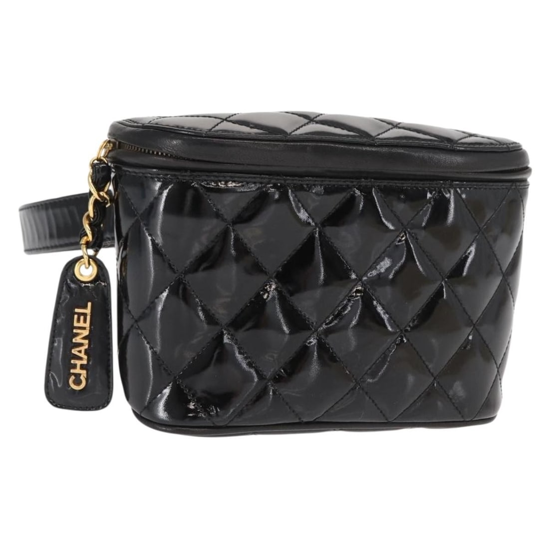 Chanel Black Patent Leather Matelasse Waist Bag with Gold CC Logo and Dust Bag: Chanel Black Patent Leather Matelasse Waist Bag with Gold CC Logo and Dust Bag This CHANEL Matelasse waist bag features black patent leather with gold-tone accents and the iconic CC logo. Crafted in I