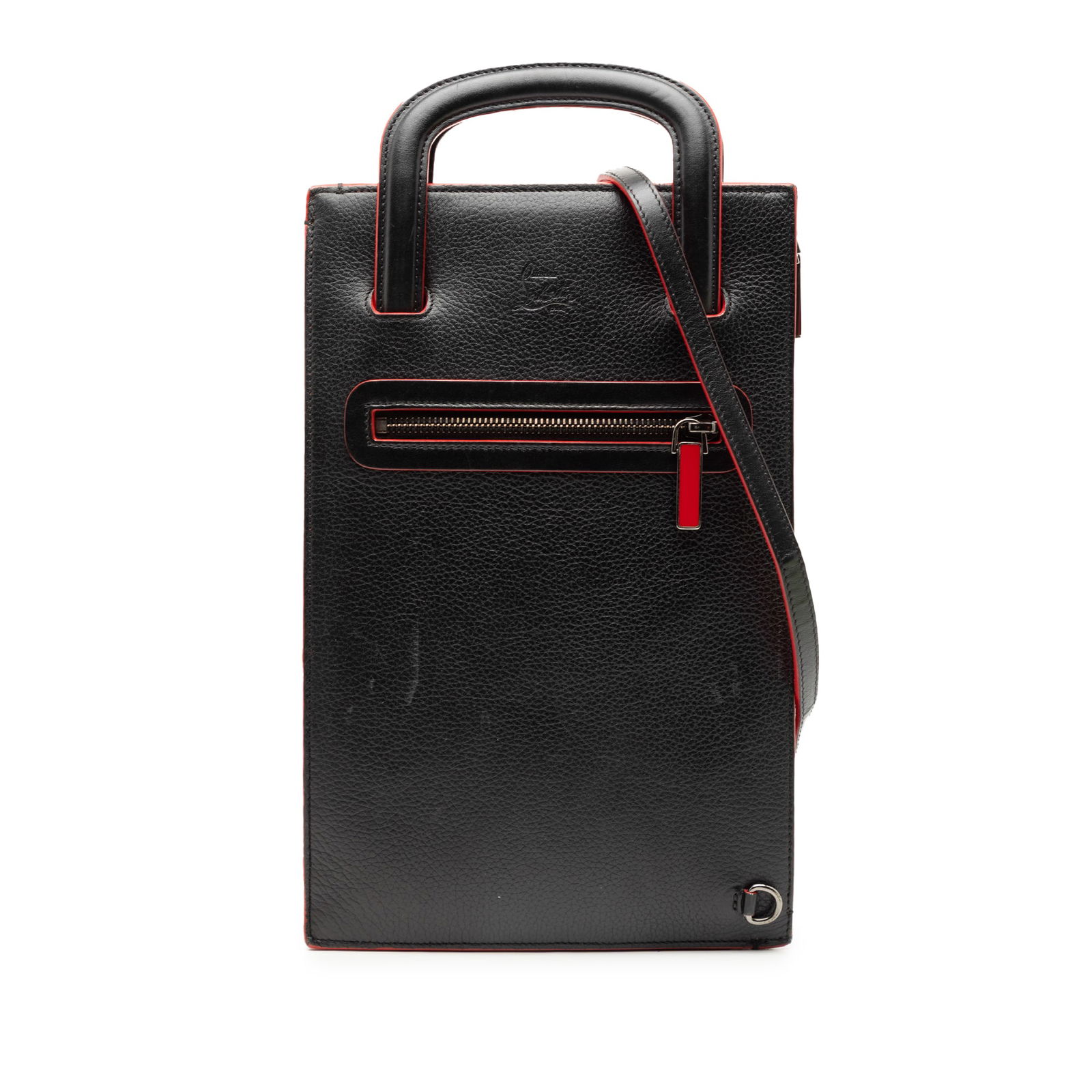 Black Leather Trick Track Bag by Christian Louboutin with Detachable Strap: Black Leather Trick Track Bag by Christian Louboutin with Detachable Strap This Christian Louboutin Trick Track satchel is crafted from black leather and features flat leather handles, a detachable fl