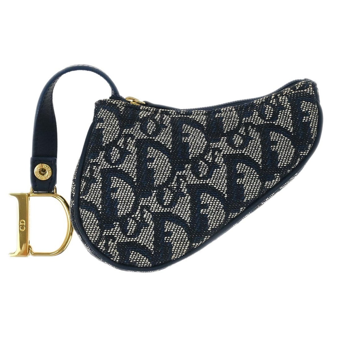Dior Mini Trotter Canvas Saddle Coin Purse with Zipper Navy: Dior Mini Trotter Canvas Saddle Coin Purse with Zipper Navy This Christian Dior Trotter Saddle mini pouch features a signature logo pattern in navy canvas with leather accents. The compact design incl