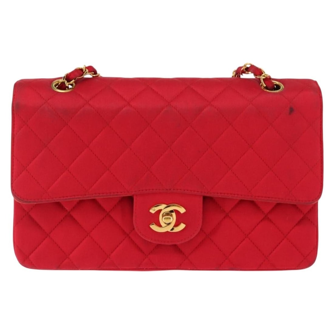 Red Satin Timeless Double Flap Shoulder Bag by Chanel: Red Satin Timeless Double Flap Shoulder Bag by Chanel This Chanel Timeless Classic Double Flap Bag is crafted from quilted red satin and features a signature double flap design. The bag is intended fo