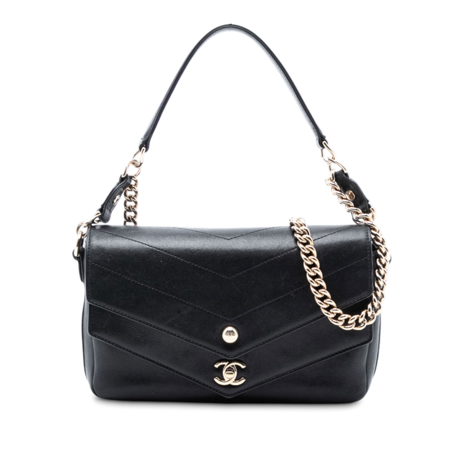 Black Chanel Mini Sheepskin Leather Chevron Flap Satchel with Chain Strap: Black Chanel Mini Sheepskin Leather Chevron Flap Satchel with Chain Strap This Chanel Mini Quilted Sheepskin Double Chevron Flap satchel features a black sheepskin leather body, a flat leather handle,