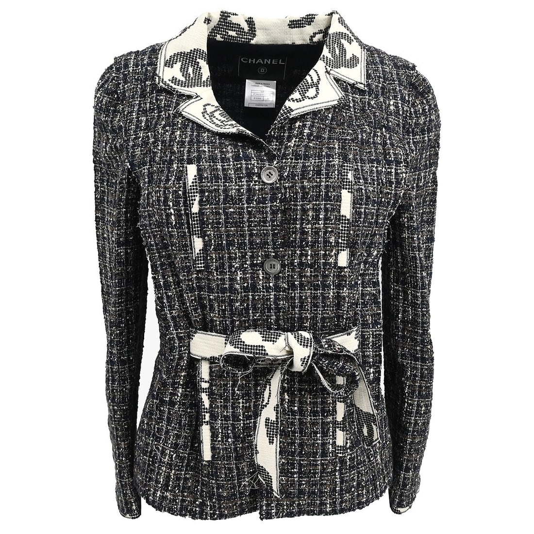 Chanel Vintage Black Single Breasted Jacket with Bow Logo 06P #36: Chanel Vintage Black Single Breasted Jacket with Bow Logo 06P #36 This elegant Chanel single-breasted jacket offers a sophisticated touch to any wardrobe. Crafted from a luxurious blend of materials,