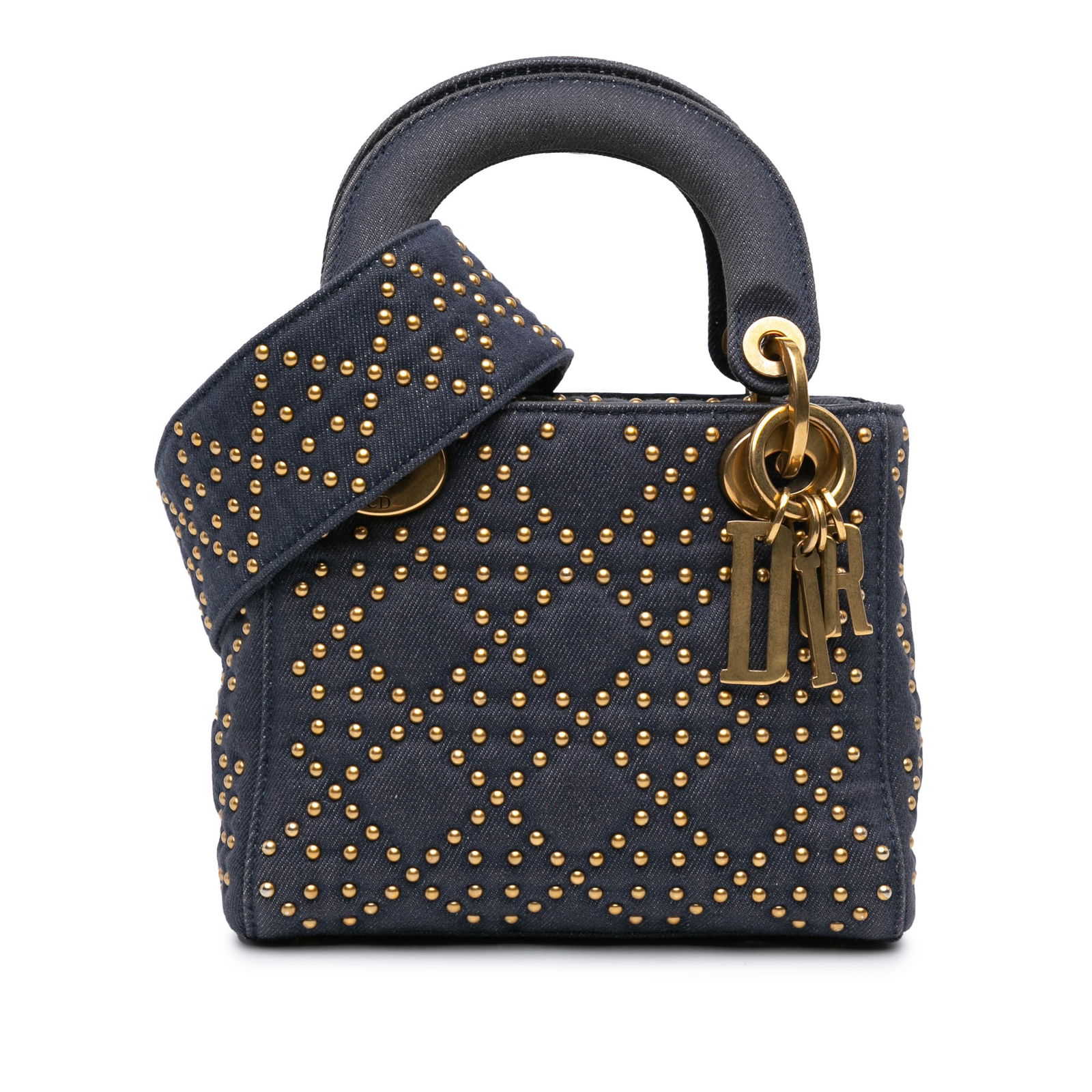 Dior Mini Denim Cannage Studded Satchel Blue Fabric Bag: Dior Mini Denim Cannage Studded Satchel Blue Fabric Bag This Mini Denim Cannage Studded Supple Lady Dior satchel showcases a stylish studded denim design complemented by flat handles and a detachable