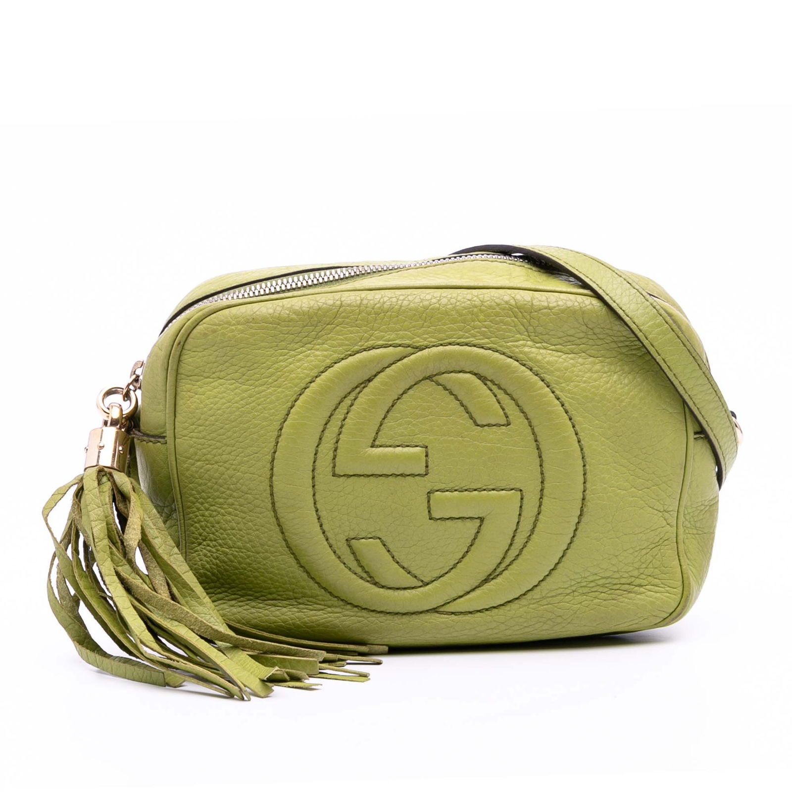 Gucci Green Leather Soho Disco Crossbody Bag with Tassel: Gucci Green Leather Soho Disco Crossbody Bag with Tassel Elevate your style with the Gucci Leather Soho Disco Crossbody bag, a chic accessory crafted from high-quality leather. This versatile bag feat