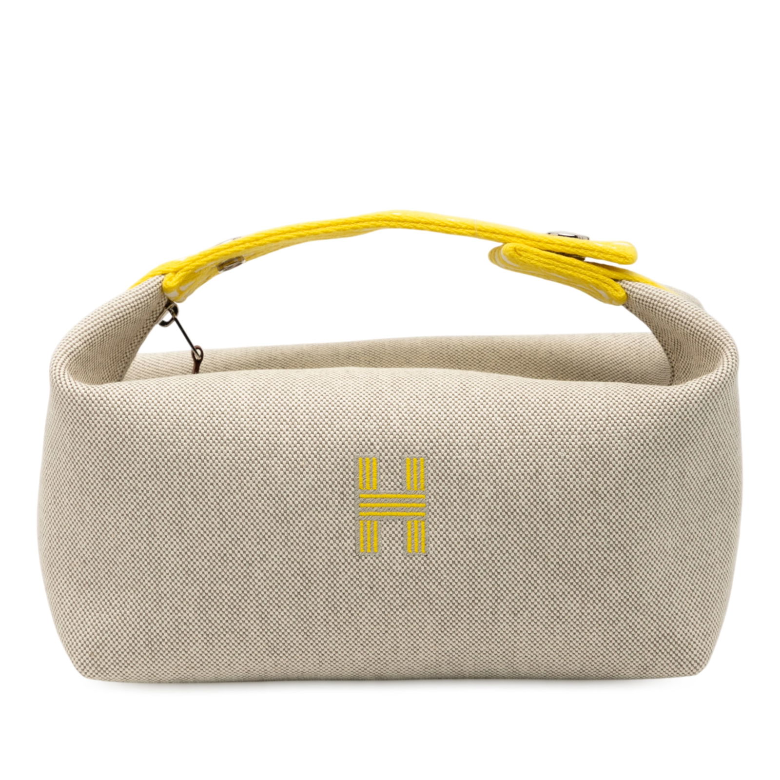 Hermes Small Plume Bride-A-Brac Canvas Pouch with Herringbone Strap: Hermes Small Plume Bride-A-Brac Canvas Pouch with Herringbone Strap This Hermes Small H Plume Bride-A-Brac case features a durable canvas body in gray with a flat canvas strap accented by herringbone