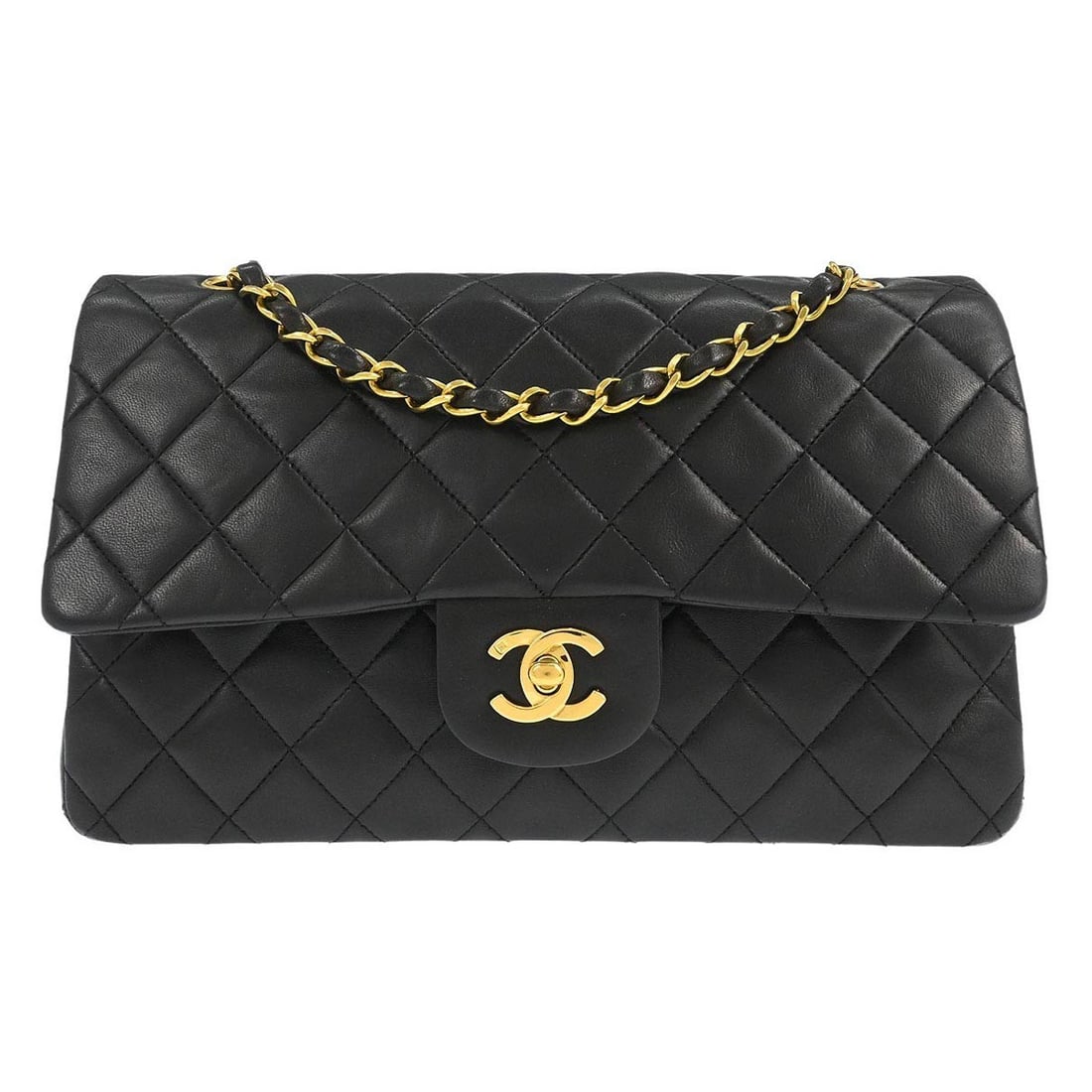 Medium Classic Double Flap Black Lambskin Shoulder Bag by Chanel: Medium Classic Double Flap Black Lambskin Shoulder Bag by Chanel This Chanel Classic Double Flap shoulder bag is crafted from black lambskin leather and features a medium size. It is designed with a t