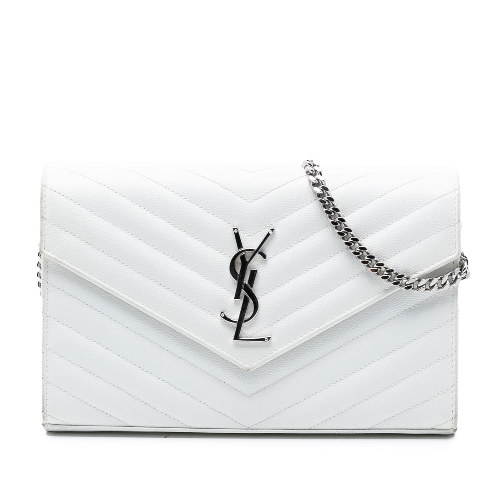 Saint Laurent Cassandre Leather Chain Wallet in White Grain De Poudre (1 of 7)