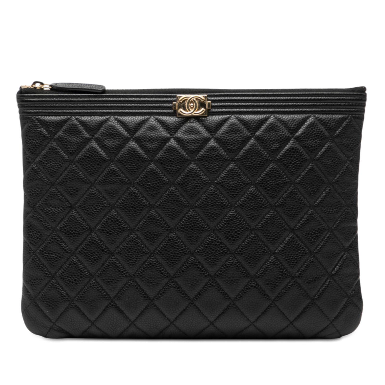 Chanel Boy O Case Medium Black Quilted Caviar Leather Clutch Bag: Chanel Boy O Case Medium Black Quilted Caviar Leather Clutch Bag This Chanel Medium Quilted Caviar Boy O Case Clutch features a black quilted caviar leather exterior with a top zip closure. The clutch