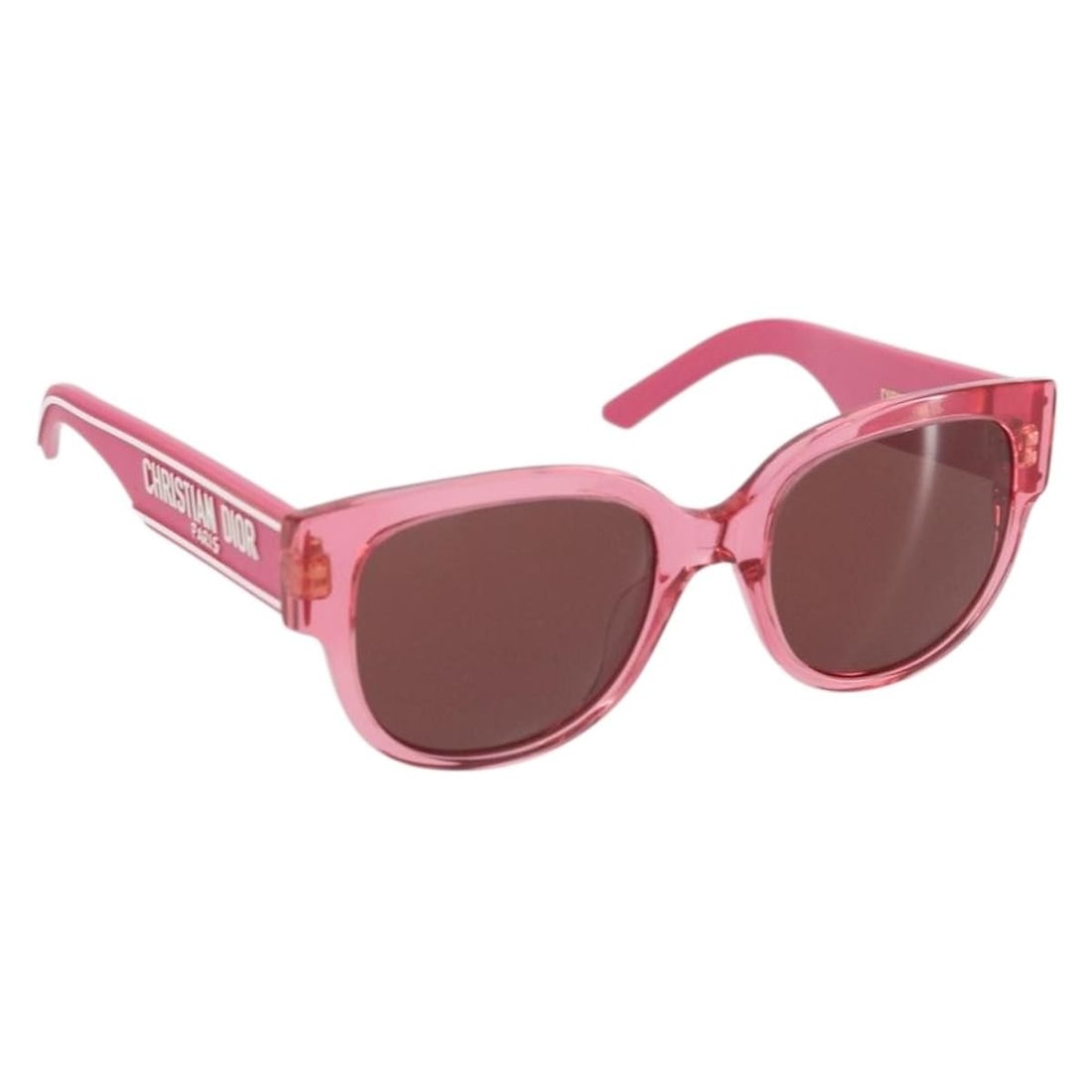 Christian Dior Pink Plastic Sunglasses with Case BA10310M: Christian Dior Pink Plastic Sunglasses with Case BA10310M These Christian Dior sunglasses feature a pink plastic frame and are crafted in Italy. The sunglasses come with a matching sunglass case and a
