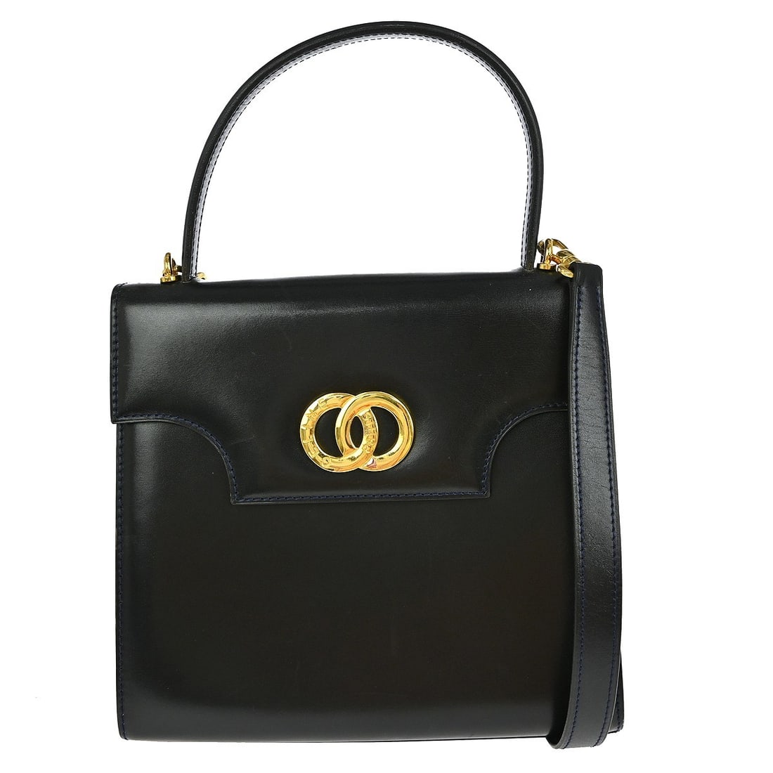 Celine Leather Black Medium Top Handle Versatile Handbag with Logo Accent: Celine Leather Black Medium Top Handle Versatile Handbag with Logo Accent This Celine black 2-way handbag features a medium-sized silhouette crafted from leather with a button closure and top handle d