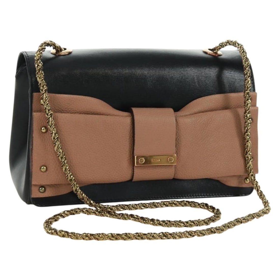 Chloe June Shoulder Bag Black Leather with Gold Chain and Dust Bag: Chloe June Shoulder Bag Black Leather with Gold Chain and Dust Bag This Chloe Chain June shoulder bag features a black leather exterior with gold-tone accents. The bag offers a stylish silhouette and