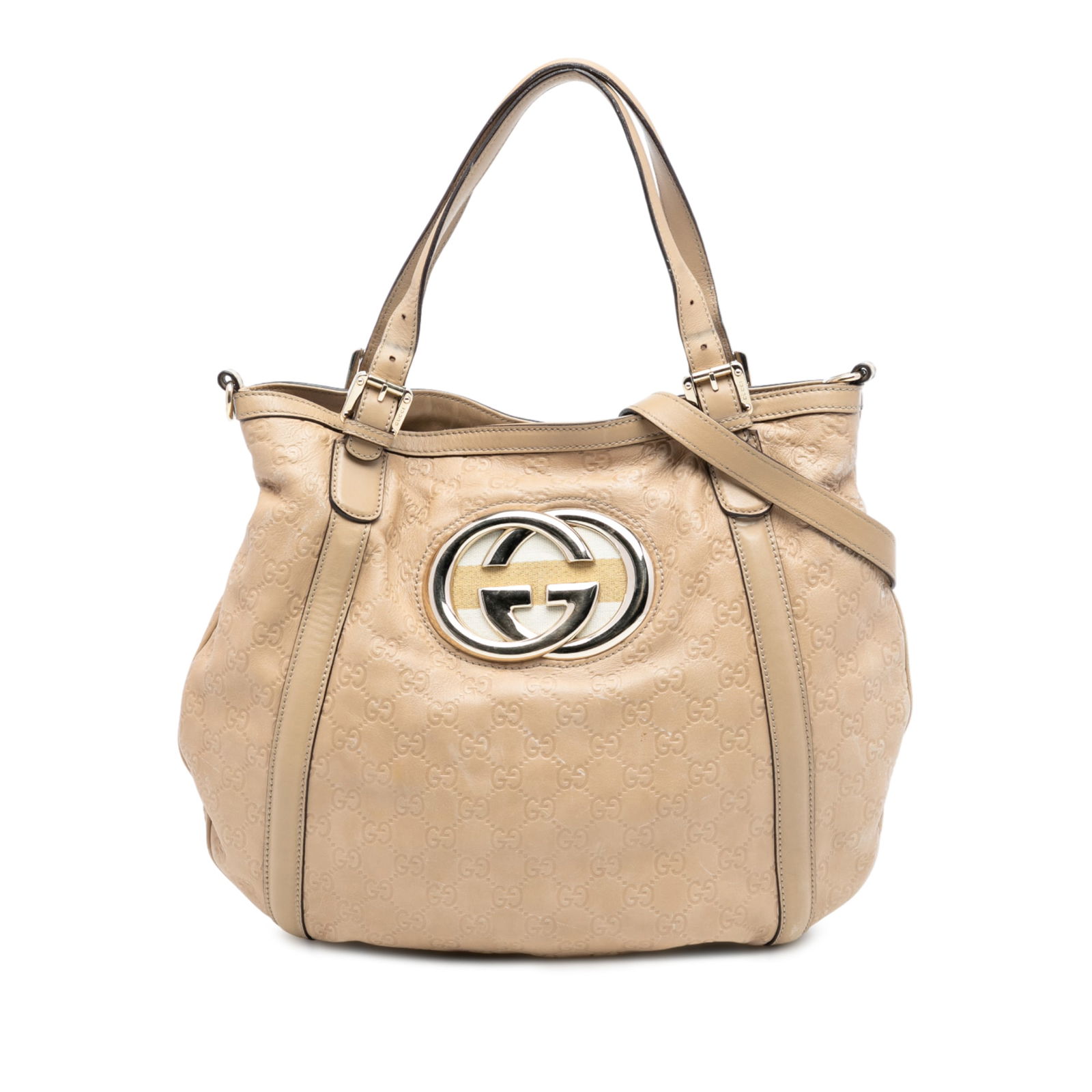 Gucci Guccissima Leather Britt Satchel with Web Detail Brown: Gucci Guccissima Leather Britt Satchel with Web Detail Brown This Gucci Medium Guccissima Web Britt Satchel features an embossed leather body in brown, flat leather straps, a detachable flat strap, an