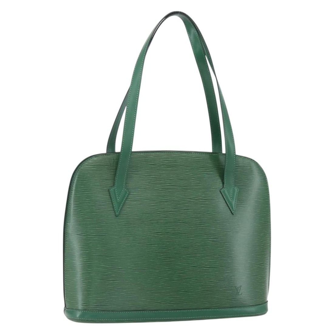 Green Leather Louis Vuitton Lussac Shoulder Bag 38cm by 30cm: Green Leather Louis Vuitton Lussac Shoulder Bag 38cm by 30cm This pre-owned Louis Vuitton Lussac handbag for women features green Epi leather with a shoulder strap. The bag shows typical signs of use