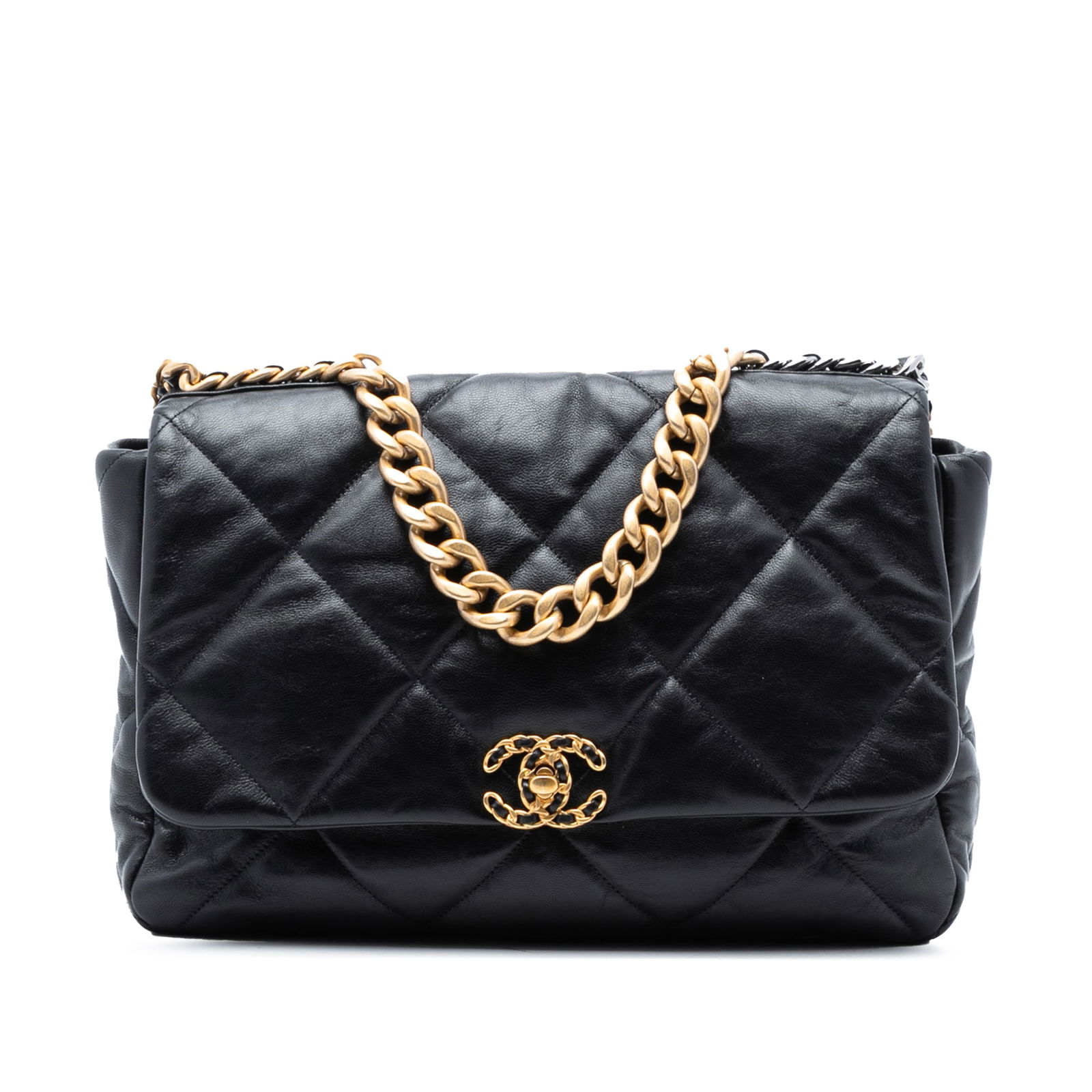 Quilted Black Chanel Maxi 19 Flap Lambskin Shoulder Bag with Gold Chain: Quilted Black Chanel Maxi 19 Flap Lambskin Shoulder Bag with Gold Chain This Chanel Maxi Lambskin 19 Flap bag features a quilted lambskin leather body in black, a gold-tone chain handle, a leather-wov