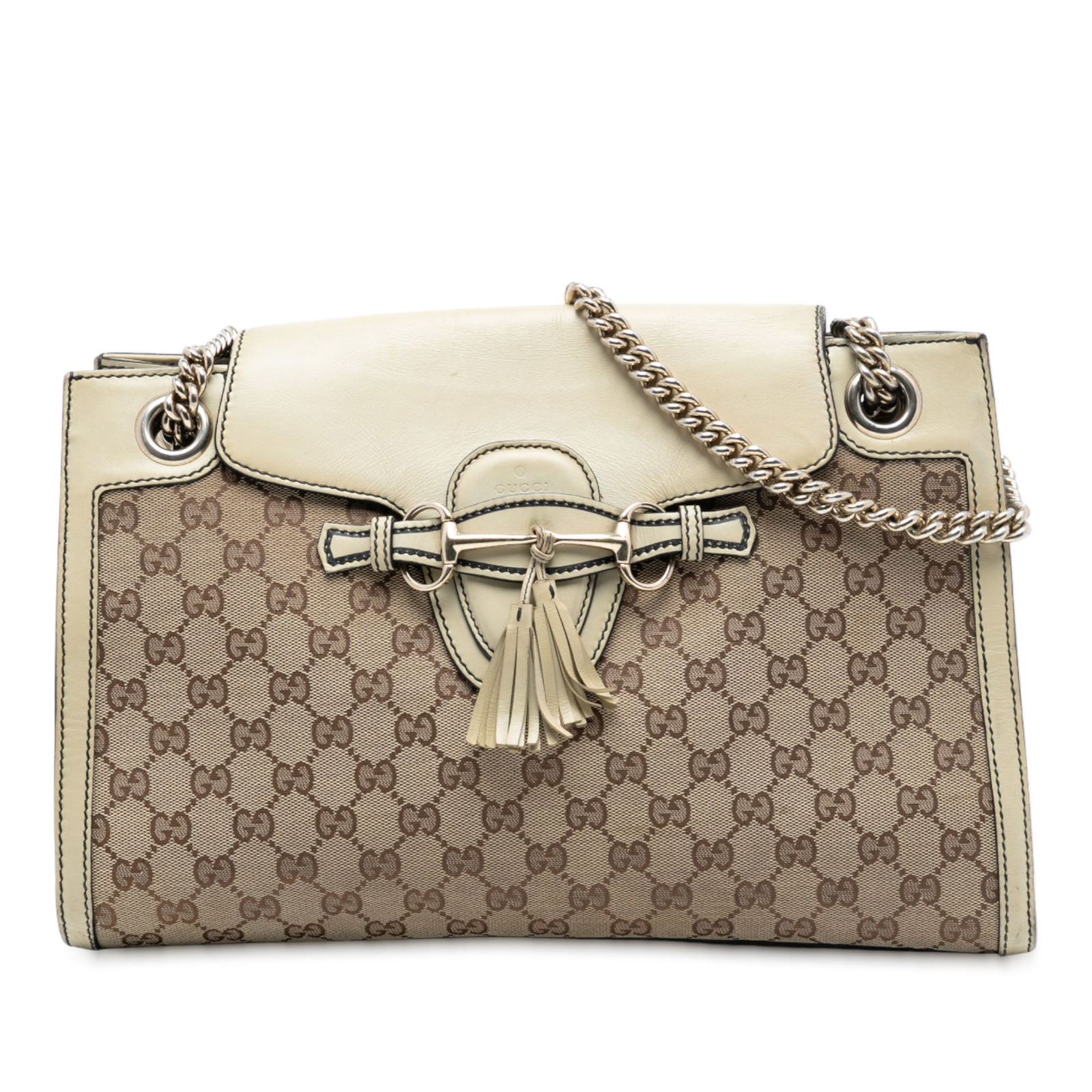 Gucci Emily Shoulder Bag Brown Large GG Canvas with Leather Trim: Gucci Emily Shoulder Bag Brown Large GG Canvas with Leather Trim This Gucci Large GG Canvas Emily Shoulder Bag features a brown canvas body with leather trim, curb chain straps with leather shoulder g