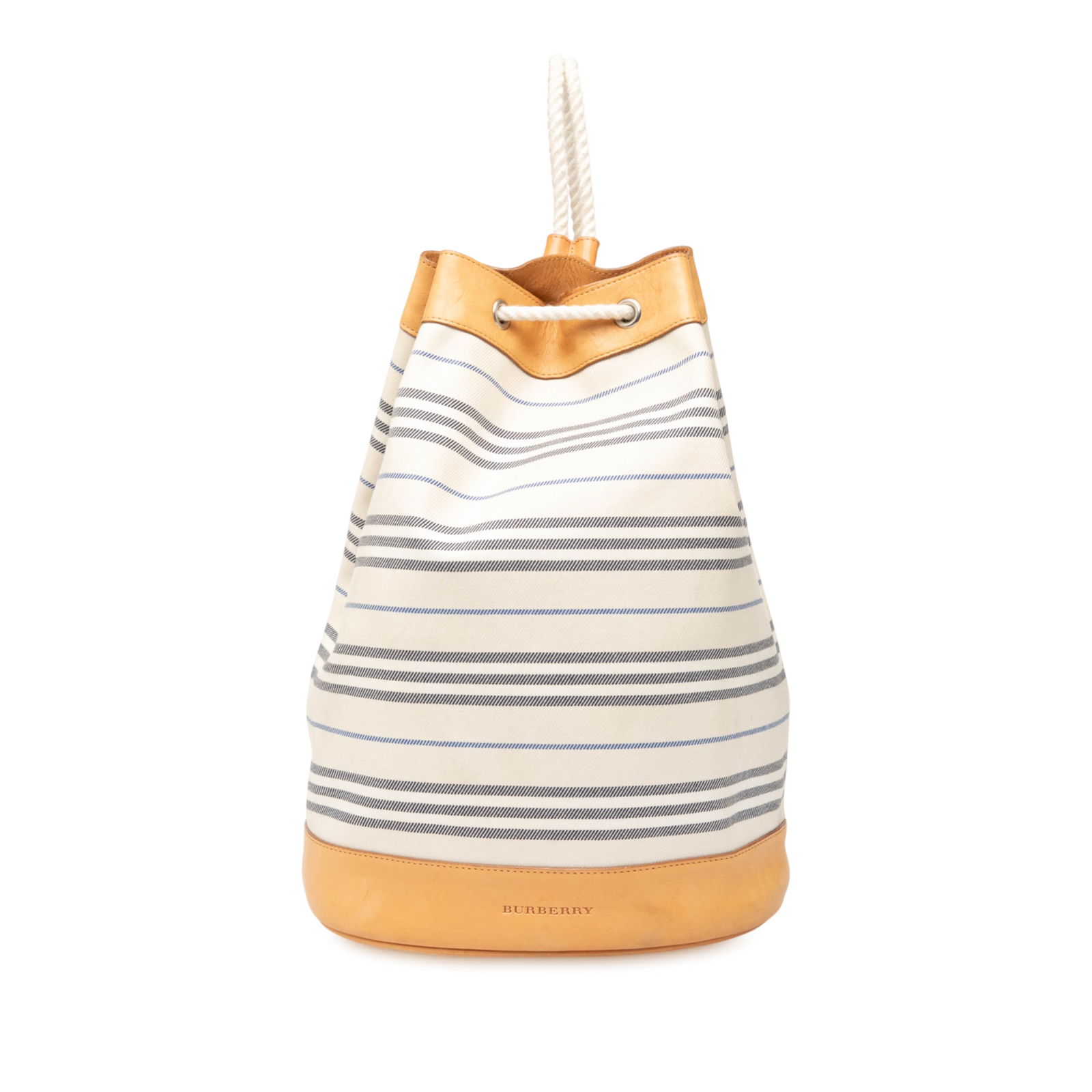 Burberry Canvas Backpack with Leather Trim and Drawstring Closure: Burberry Canvas Backpack with Leather Trim and Drawstring Closure This stylish Burberry canvas backpack is designed with a durable canvas body and elegant leather trim. It features comfortable rope st