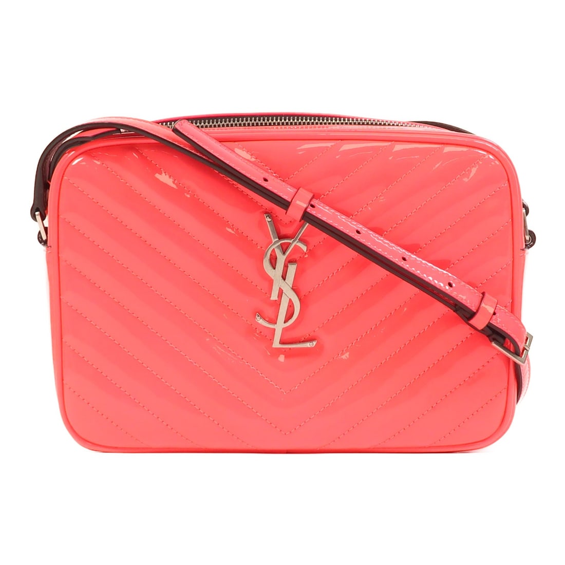 Saint Laurent Lou Patent Neon Pink Shoulder Bag with Silver Hardware: Saint Laurent Lou Patent Neon Pink Shoulder Bag with Silver Hardware This YSL Lou Camera shoulder bag features a striking neon pink patent leather exterior, offering a bold and modern aesthetic. The c