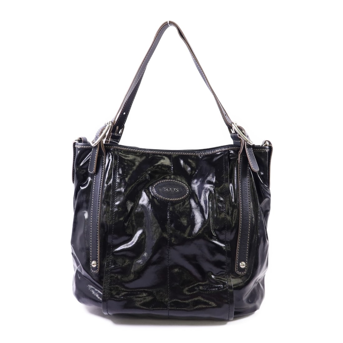 Black PVC Canvas Shoulder Bag by TOD'S with Silver Hardware: Black PVC Canvas Shoulder Bag by TOD'S with Silver Hardware This black shoulder bag by TOD'S is crafted from durable PVC coated canvas, offering both style and practicality. Designed in a regular size