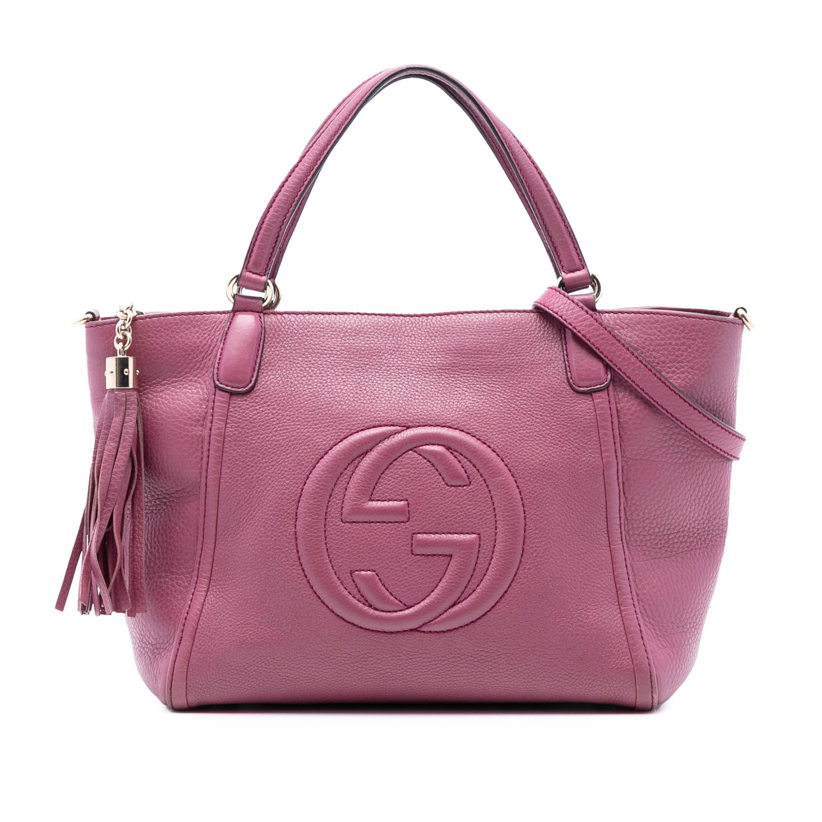 Gucci Soho Cellarius Purple Leather Satchel with Tassel and Strap: Gucci Soho Cellarius Purple Leather Satchel with Tassel and Strap This Gucci Small Calfskin Soho Cellarius Satchel features a leather body in purple, flat leather handles, a detachable flat leather st