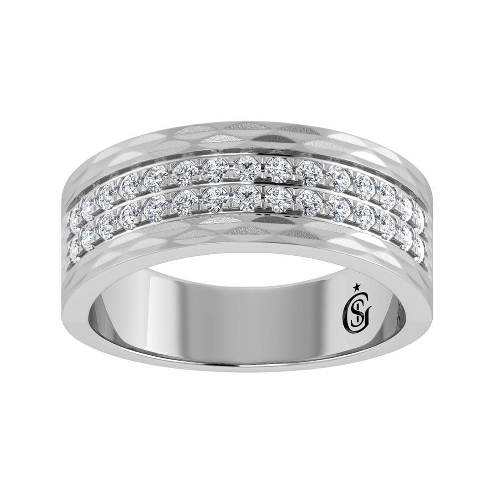 14K White Gold Diamond 3/4.Ct. Tw. Mens Machine Band: 14K White Gold Diamond 3/4.Ct. Tw. Mens Machine Band 14k White Gold Stone Color: G-h Stone Clarity: Si2 Each ring is presented in standard size 6.5. Complimentary resizing is available between sizes 5