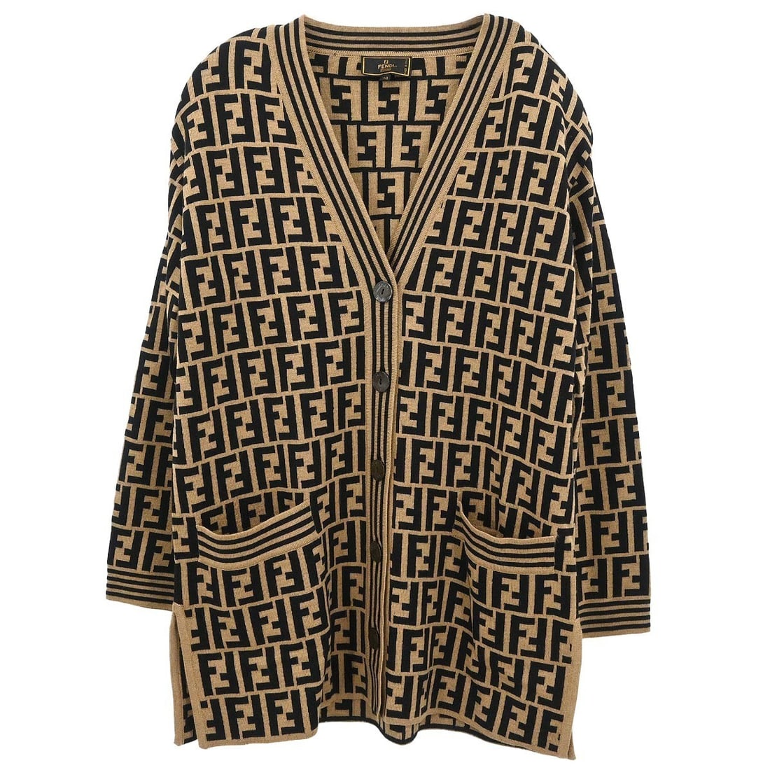 Fendi Wool Knit Brown Zucca Pattern Cardigan IT 40 Long Sleeve: Fendi Wool Knit Brown Zucca Pattern Cardigan IT 40 Long Sleeve This Fendi cardigan features the iconic Zucca pattern in brown, crafted from 100% wool knit for a comfortable and stylish fit. Designed w