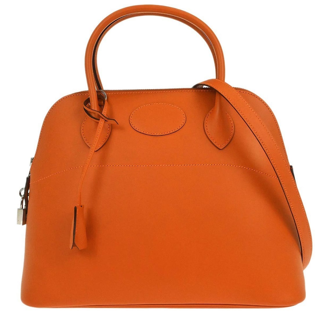 Orange Swift Leather Bolide 31 Medium Satchel by Hermes with Double Handles: Orange Swift Leather Bolide 31 Medium Satchel by Hermes with Double Handles This Hermes Bolide 31 handbag features a vibrant orange leather exterior with a zip closure and double handles. The bag incl