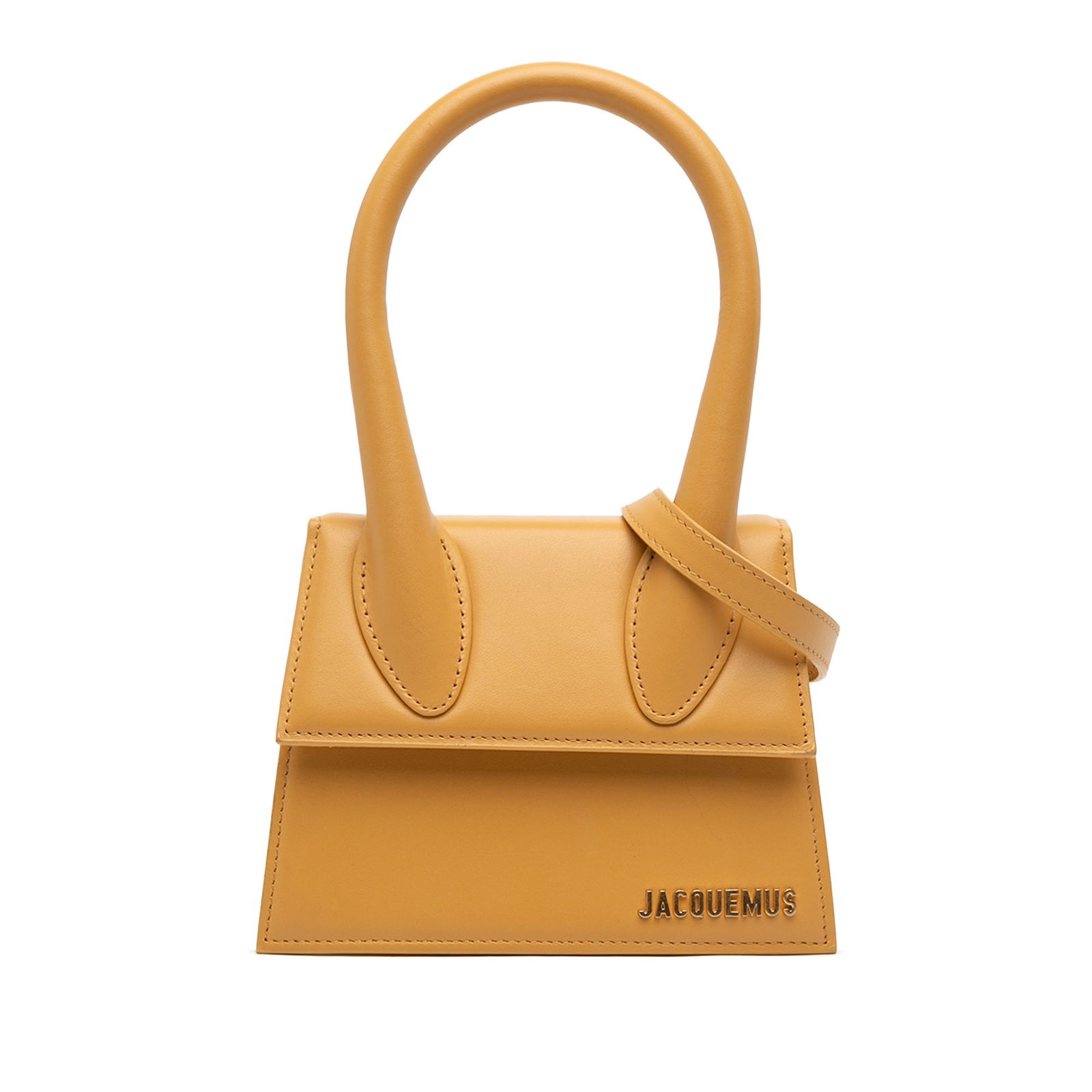 Yellow Leather Jacquemus Le Chiquito Moyen Bag with Shoulder Strap: Yellow Leather Jacquemus Le Chiquito Moyen Bag with Shoulder Strap This Jacquemus Le Chiquito Moyen bag features a yellow leather body with a rolled leather handle and a detachable flat shoulder strap