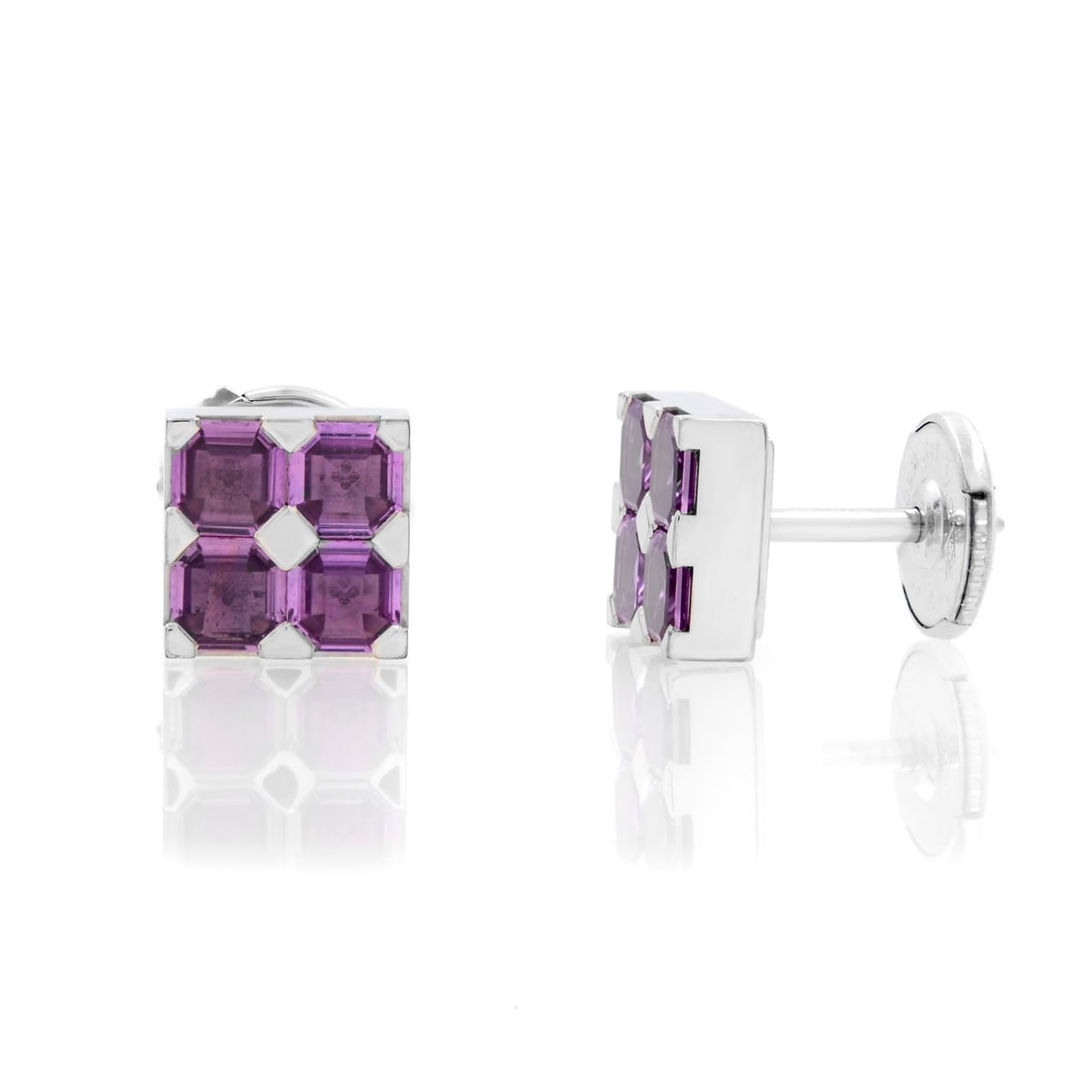 Chopard 18K White Gold Purple Amethyst Square Stud Earrings: Chopard 18K White Gold Purple Amethyst Square Stud Earrings Elevate your accessory collection with these stunning Chopard square stud earrings, featuring a vibrant purple amethyst set in luxurious 18K