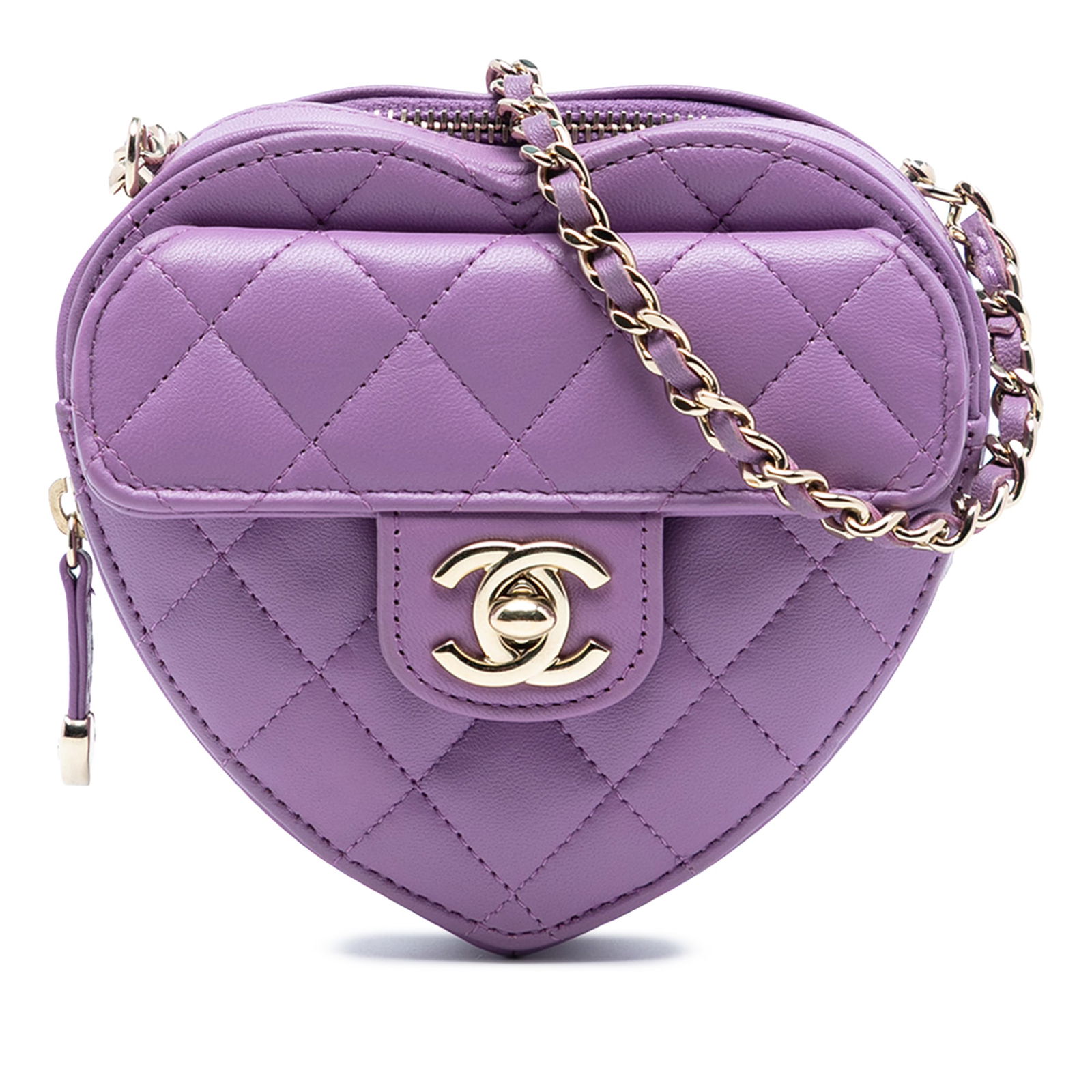 Purple Chanel Mini Heart Crossbody Bag Quilted Lambskin Leather: Purple Chanel Mini Heart Crossbody Bag Quilted Lambskin Leather This Chanel Mini Lambskin CC in Love Heart Crossbody bag features a quilted lambskin leather exterior in purple, complemented by a leath