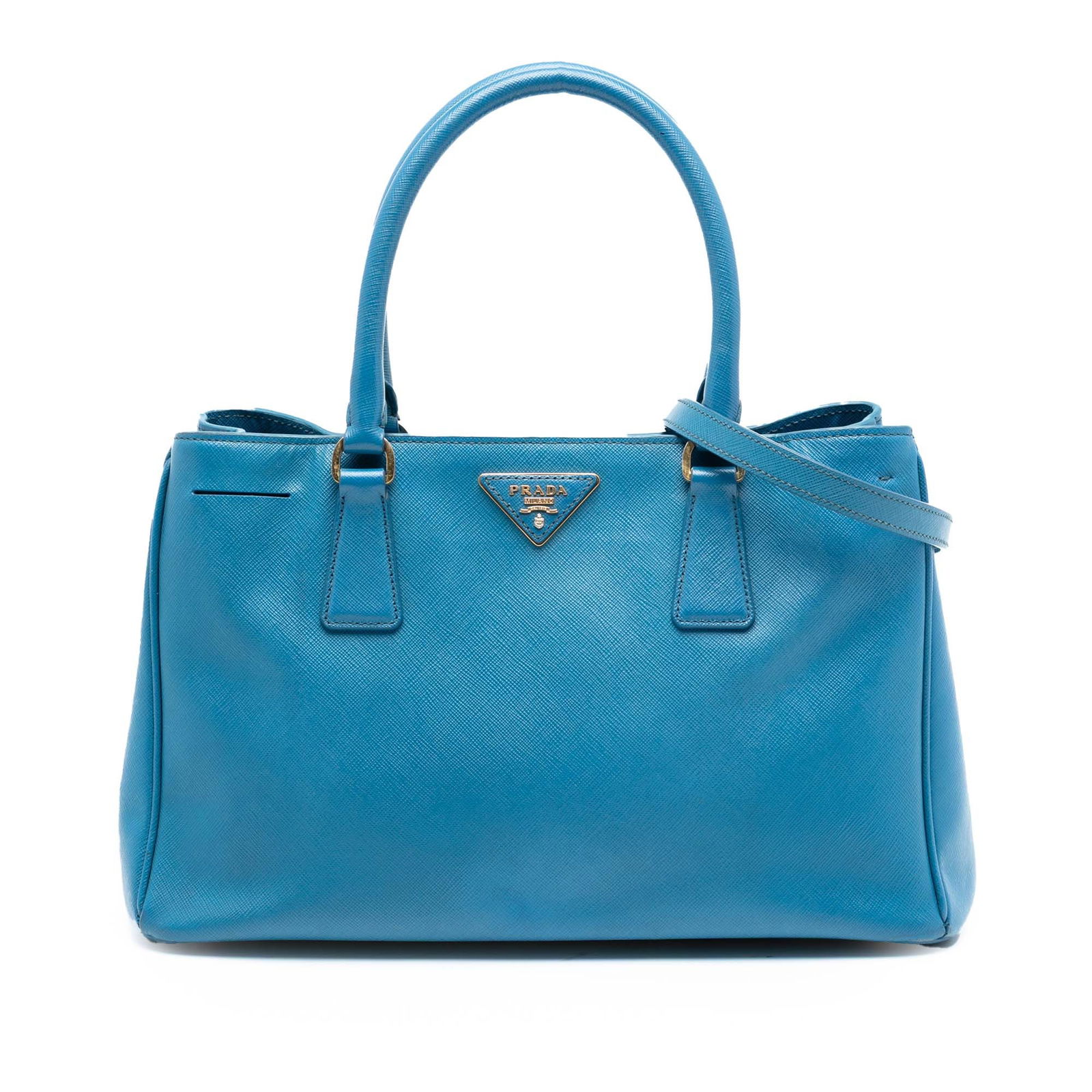 Prada Galleria Blue Saffiano Leather Medium Satchel with Shoulder Strap: Prada Galleria Blue Saffiano Leather Medium Satchel with Shoulder Strap This Prada Medium Saffiano Lux Galleria Satchel is crafted from blue saffiano leather and features rolled leather handles and a