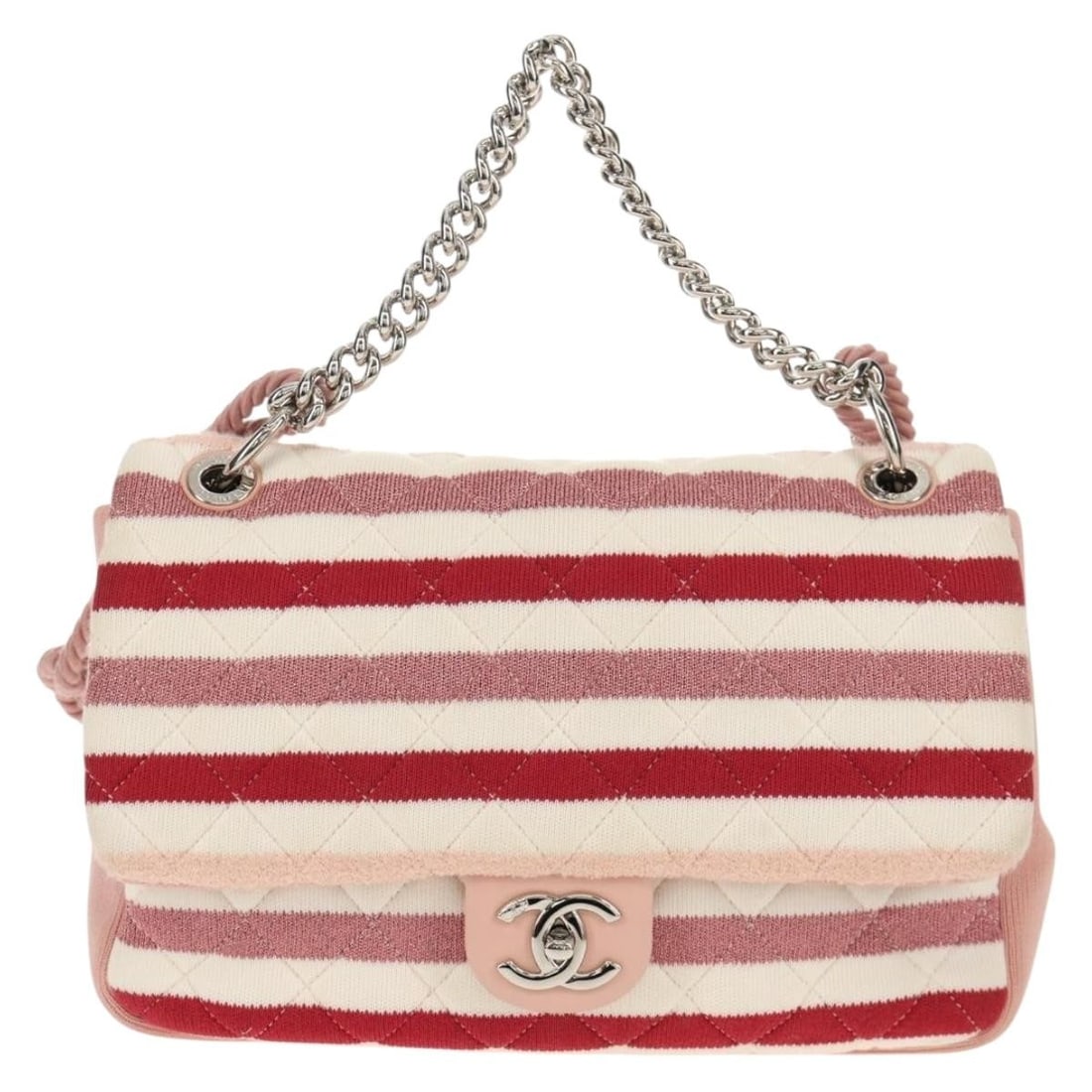 Chanel Tweed Quilted Rope Flap Bag Pink Jersey 28cm: Chanel Tweed Quilted Rope Flap Bag Pink Jersey 28cm This Chanel Rope Flap Bag for women features a quilted striped design crafted from pink tweed. The pre-owned bag is in good condition with slight ru