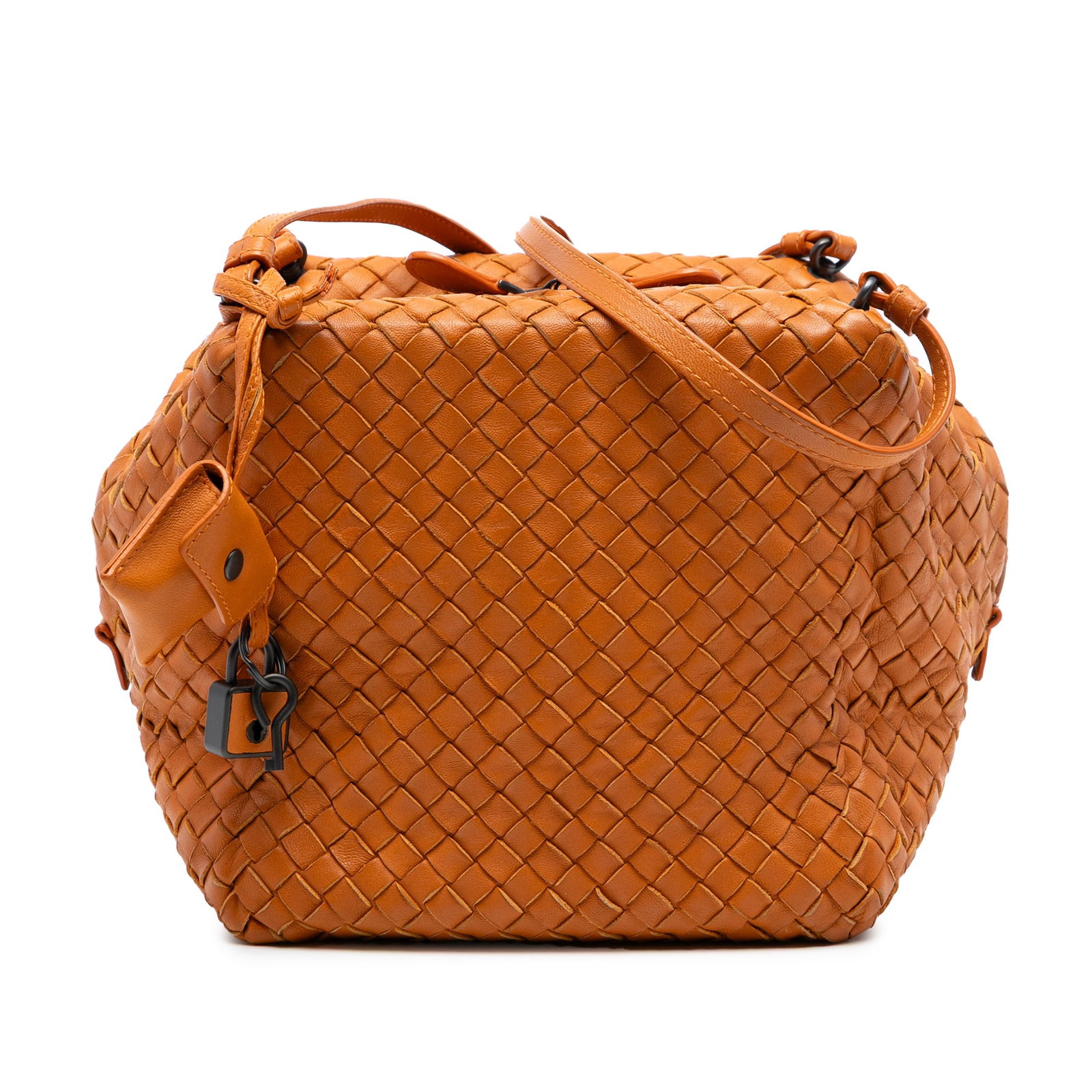 Nappa Intrecciato Cube Leather Crossbody Bag by Bottega Veneta: Nappa Intrecciato Cube Leather Crossbody Bag by Bottega Veneta This Bottega Veneta Nappa Intrecciato Cube Crossbody bag features a woven nappa leather body in orange, flat leather shoulder straps,